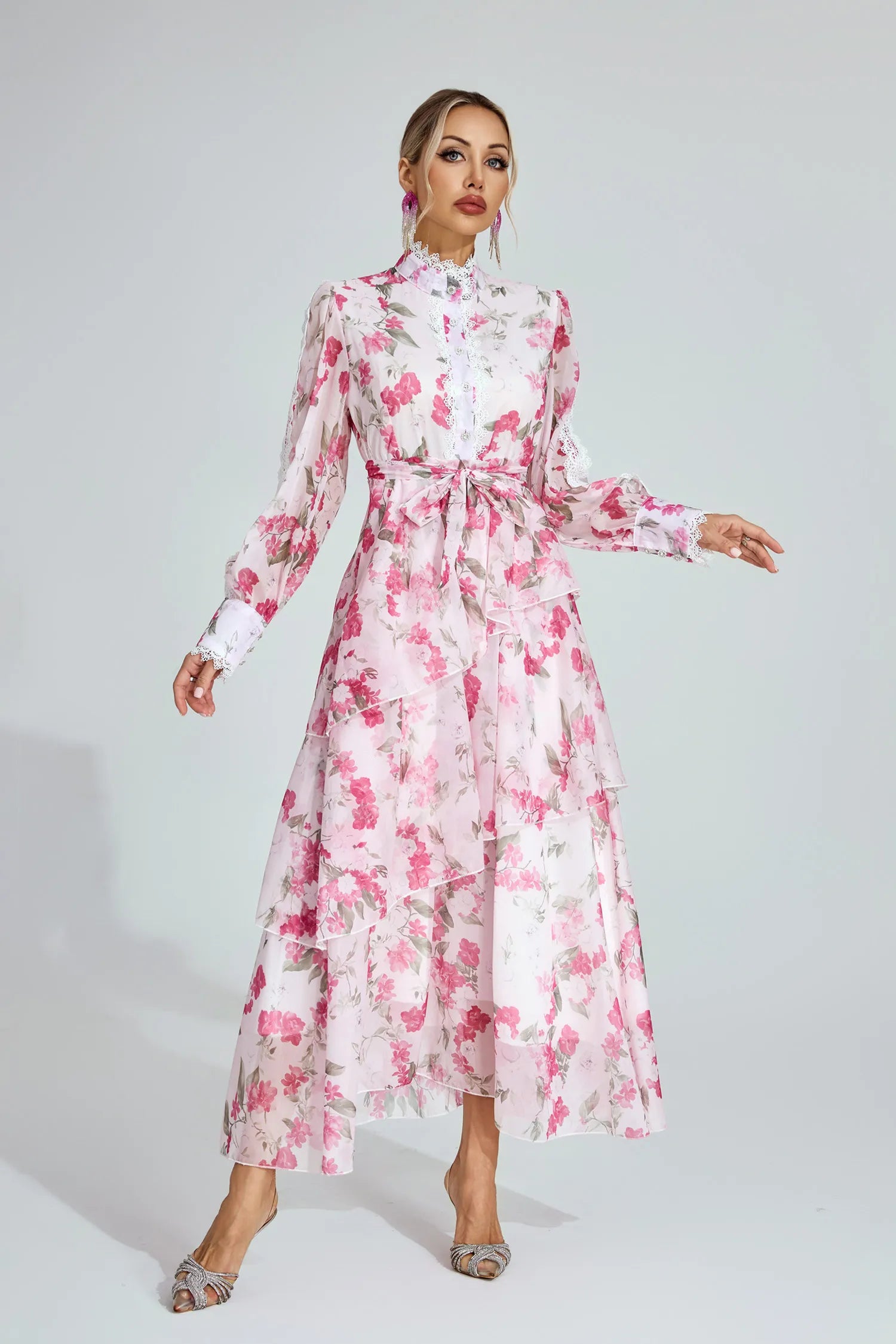 Aubree Pink Floral Chiffon Maxi Dress