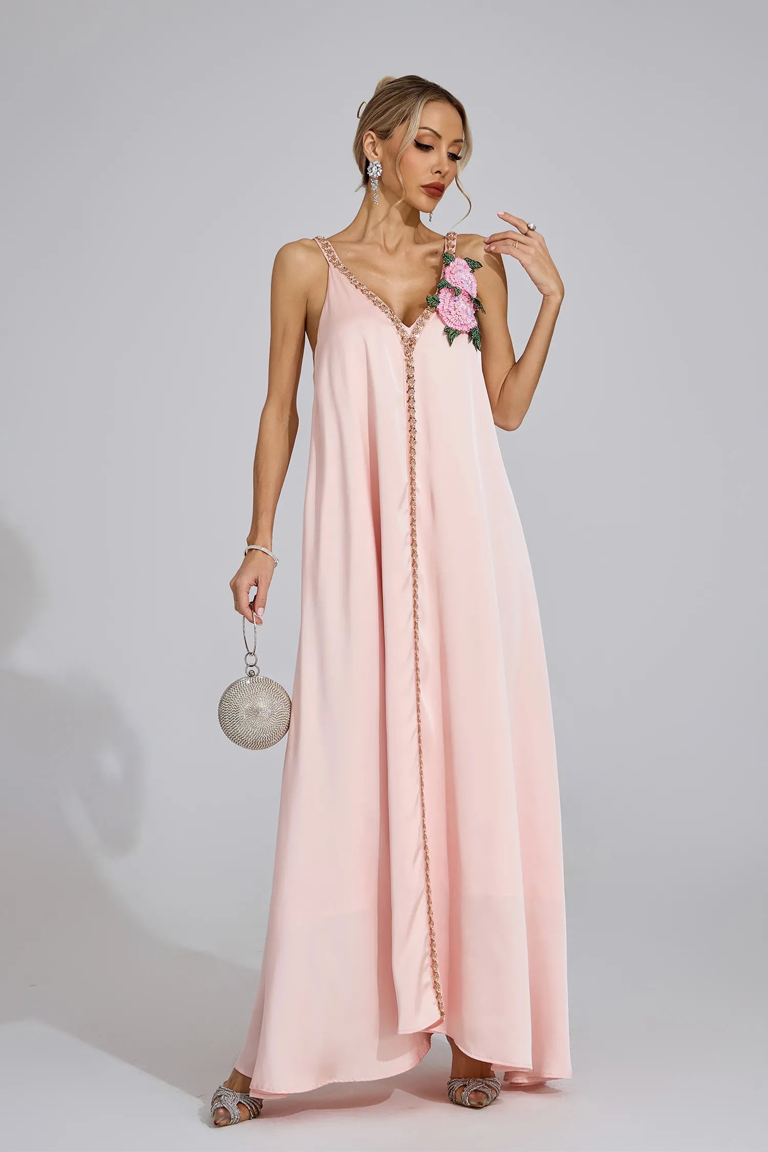 Camellia Pink Satin Maxi Dress