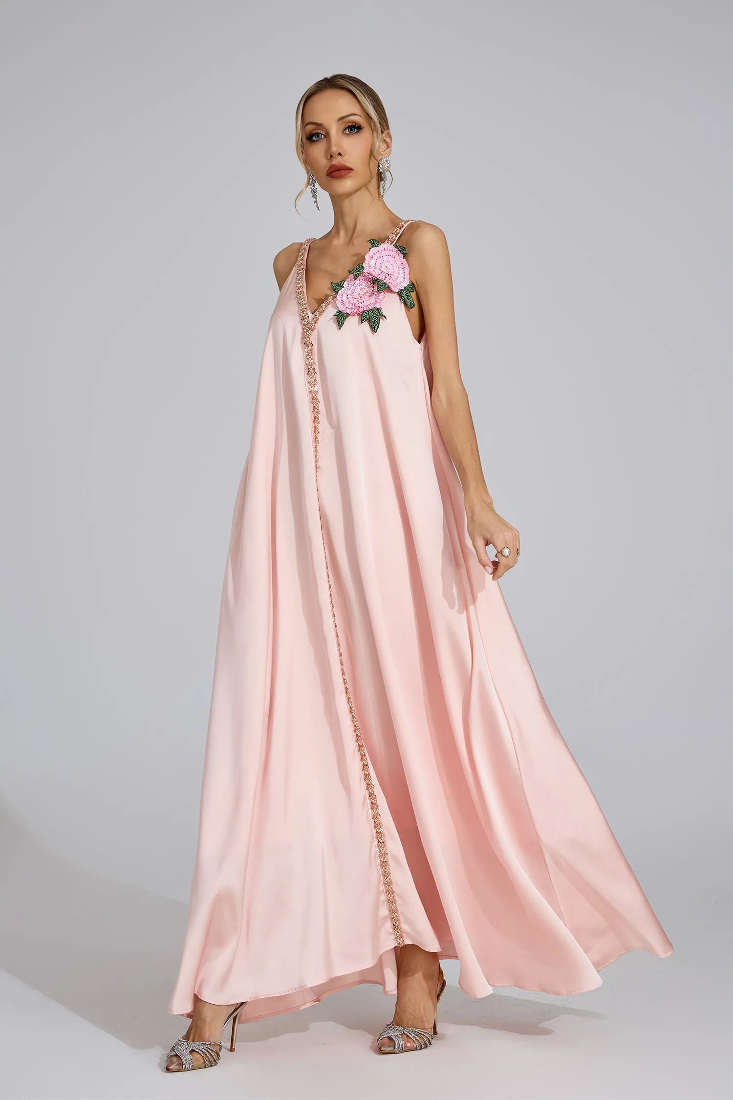 Camellia Pink Satin Maxi Dress