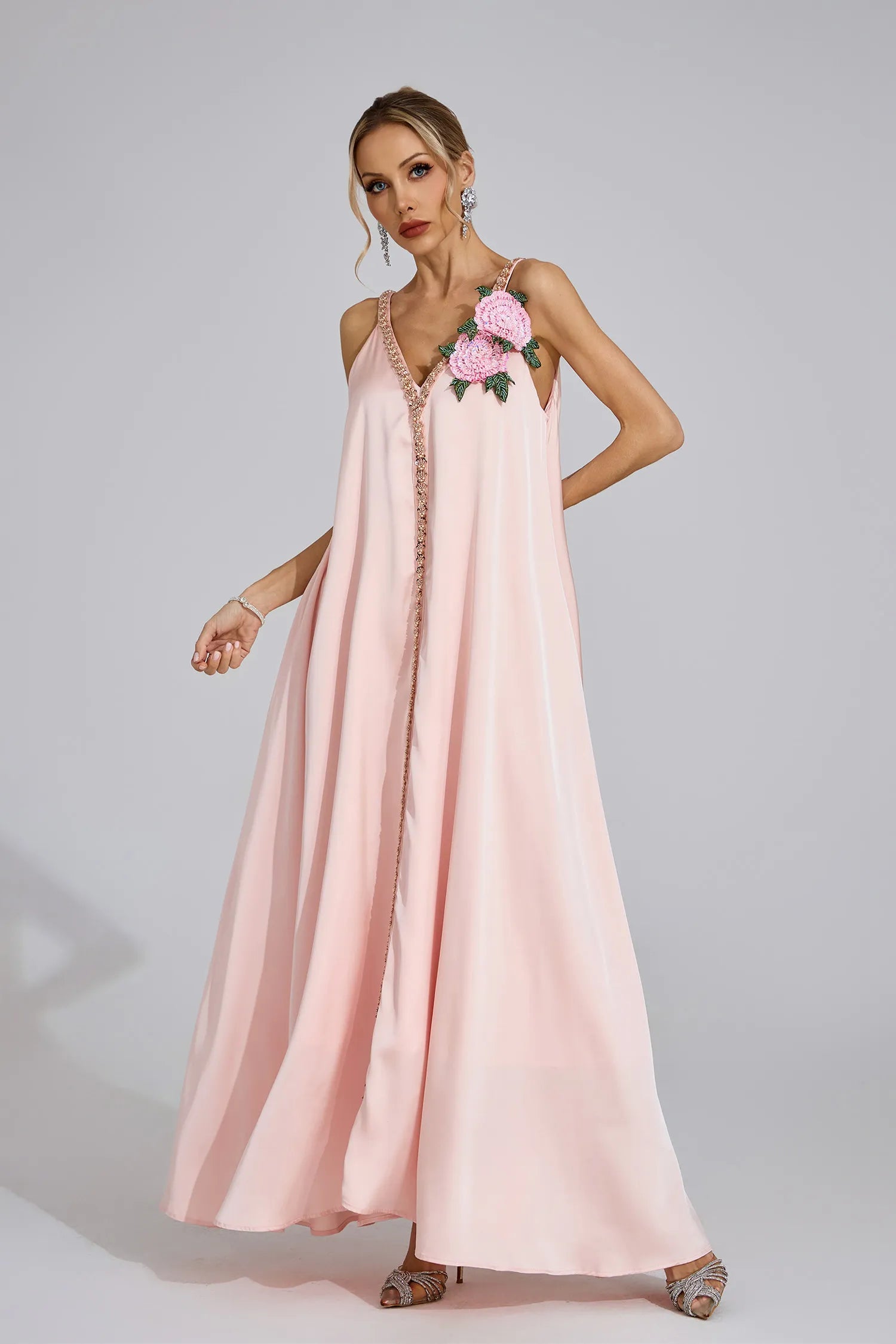 Camellia Pink Satin Maxi Dress