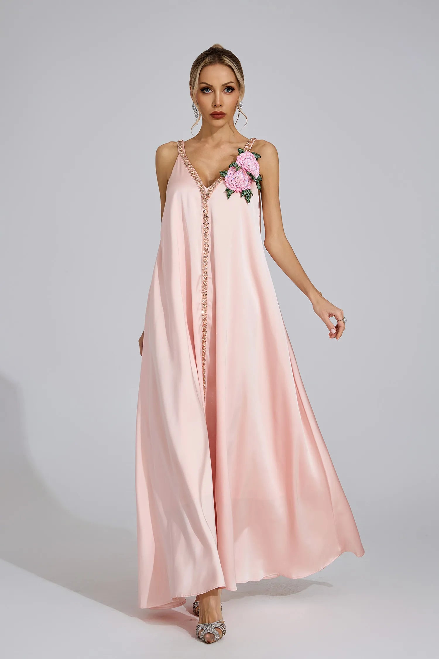 Camellia Pink Satin Maxi Dress