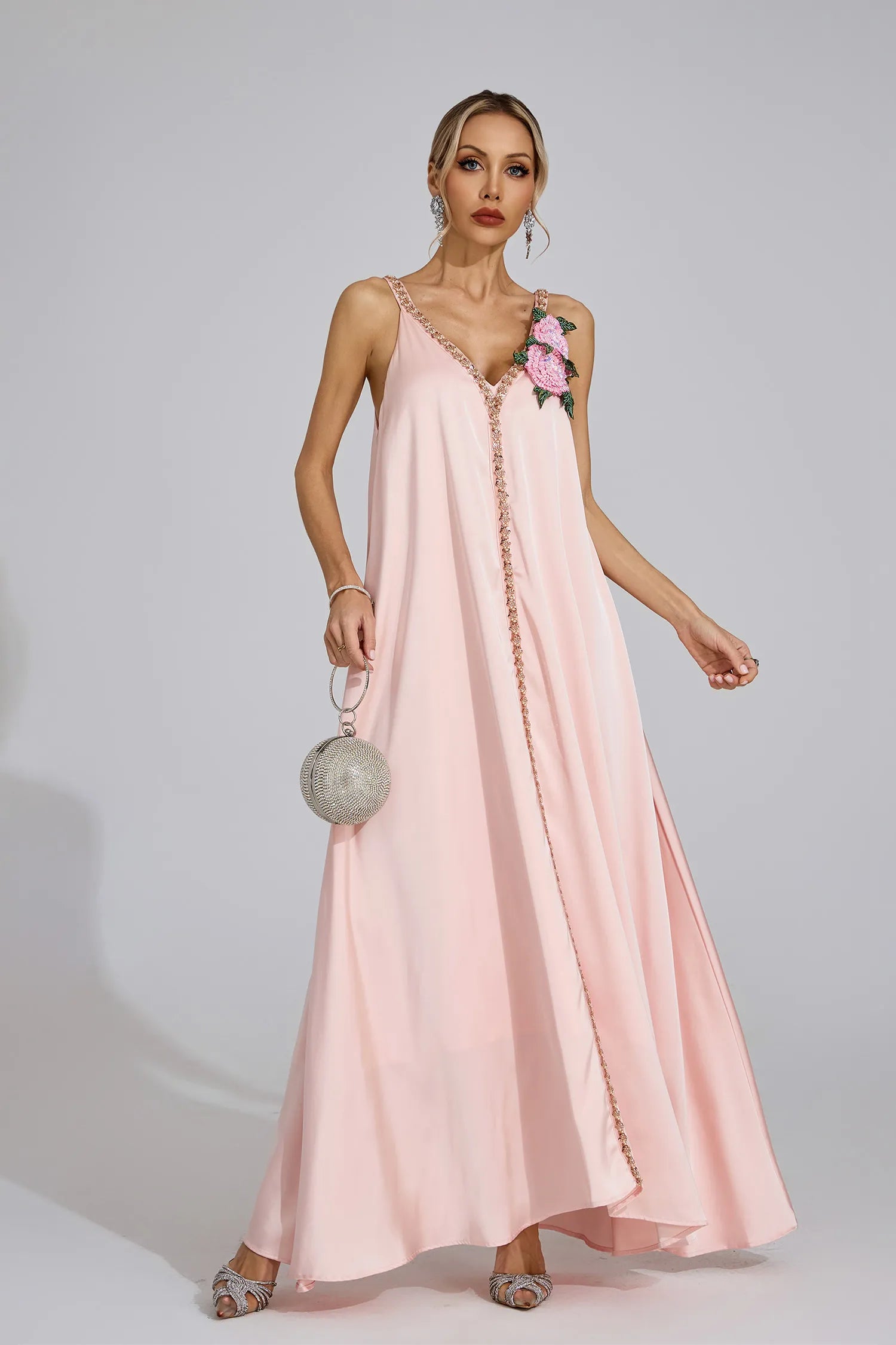 Camellia Pink Satin Maxi Dress