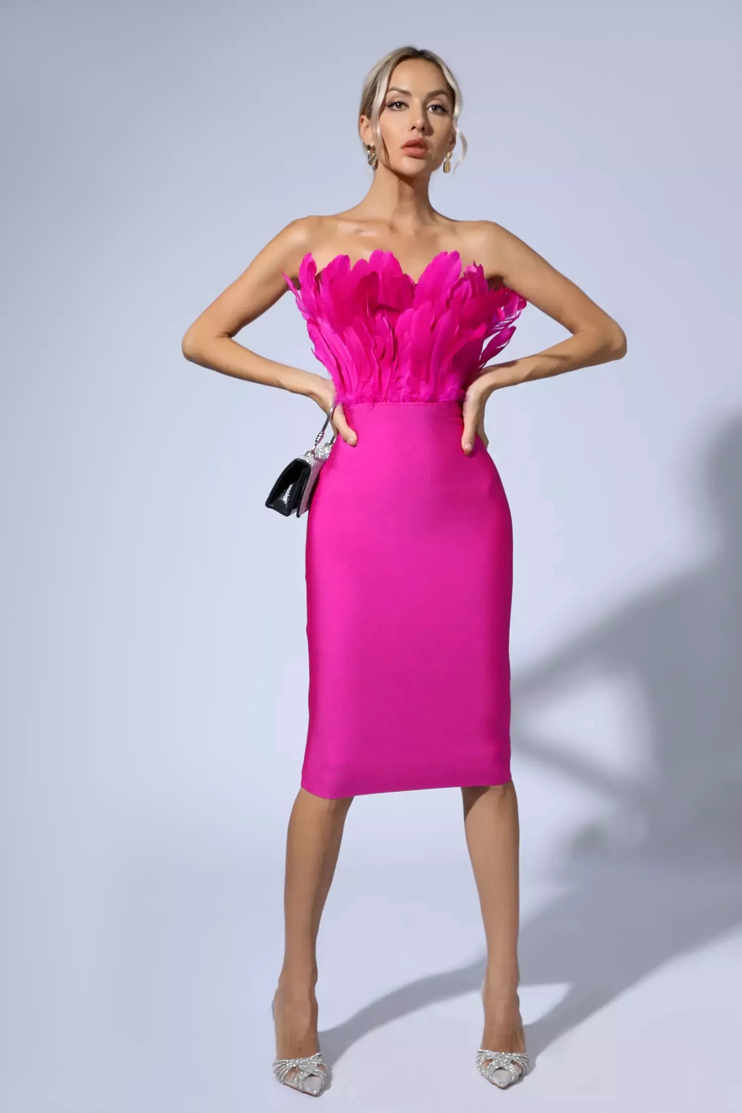Elianna Pink Feather Midi Dress