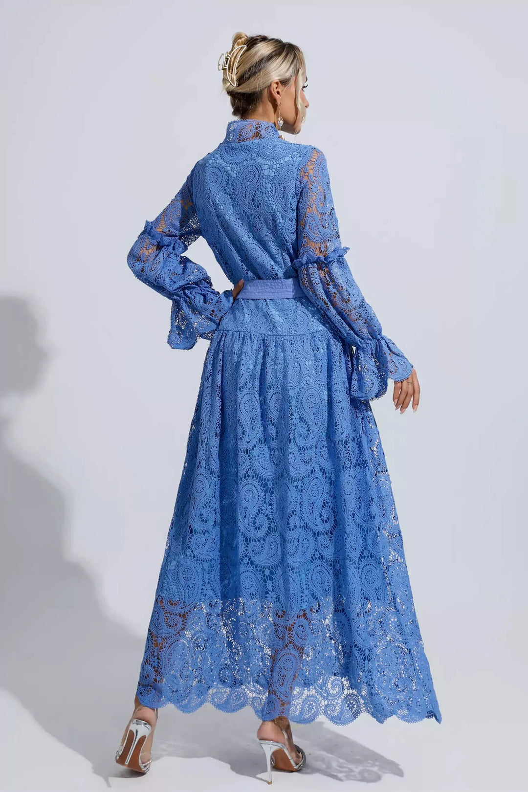 Esmeralda Blue Lace Floral Cutout Maxi Dress