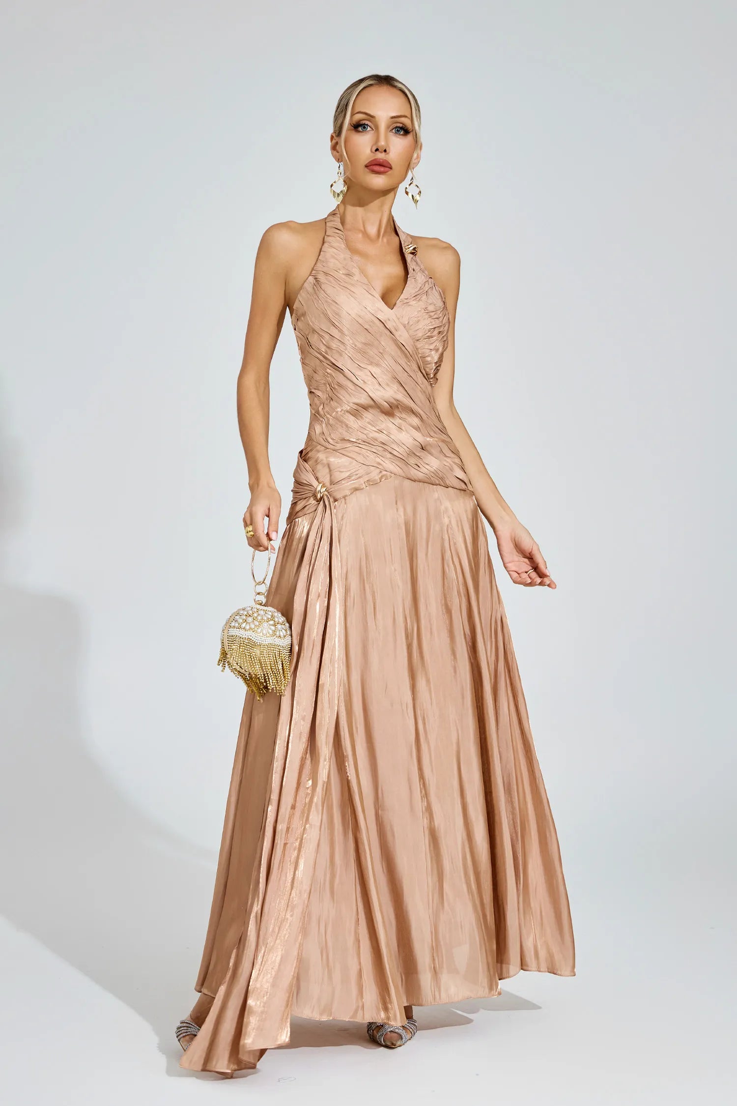 Melody Champagne Halter Maxi Dress