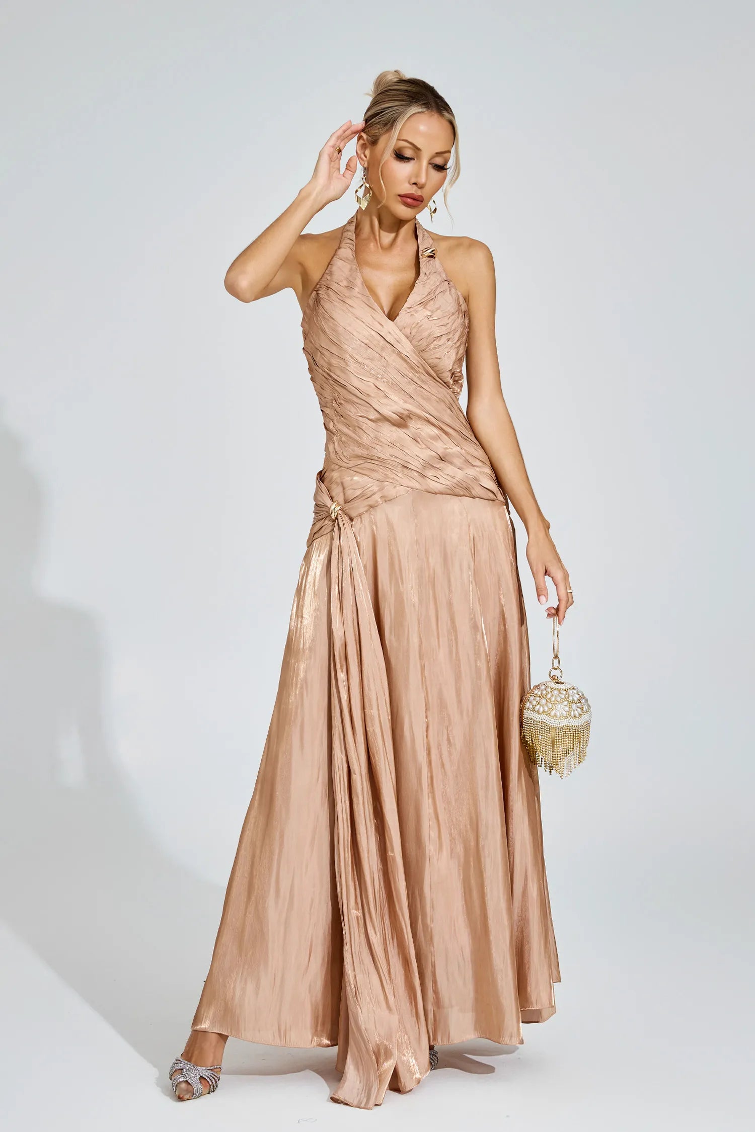 Melody Champagne Halter Maxi Dress