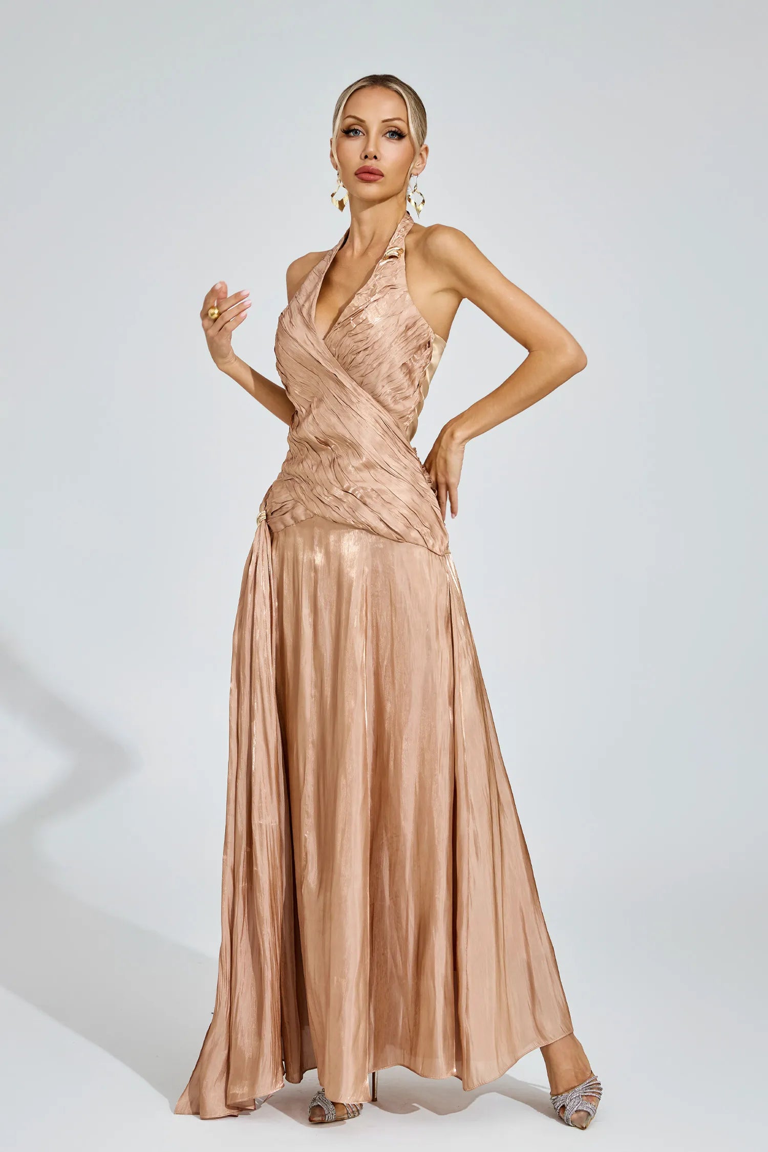 Melody Champagne Halter Maxi Dress