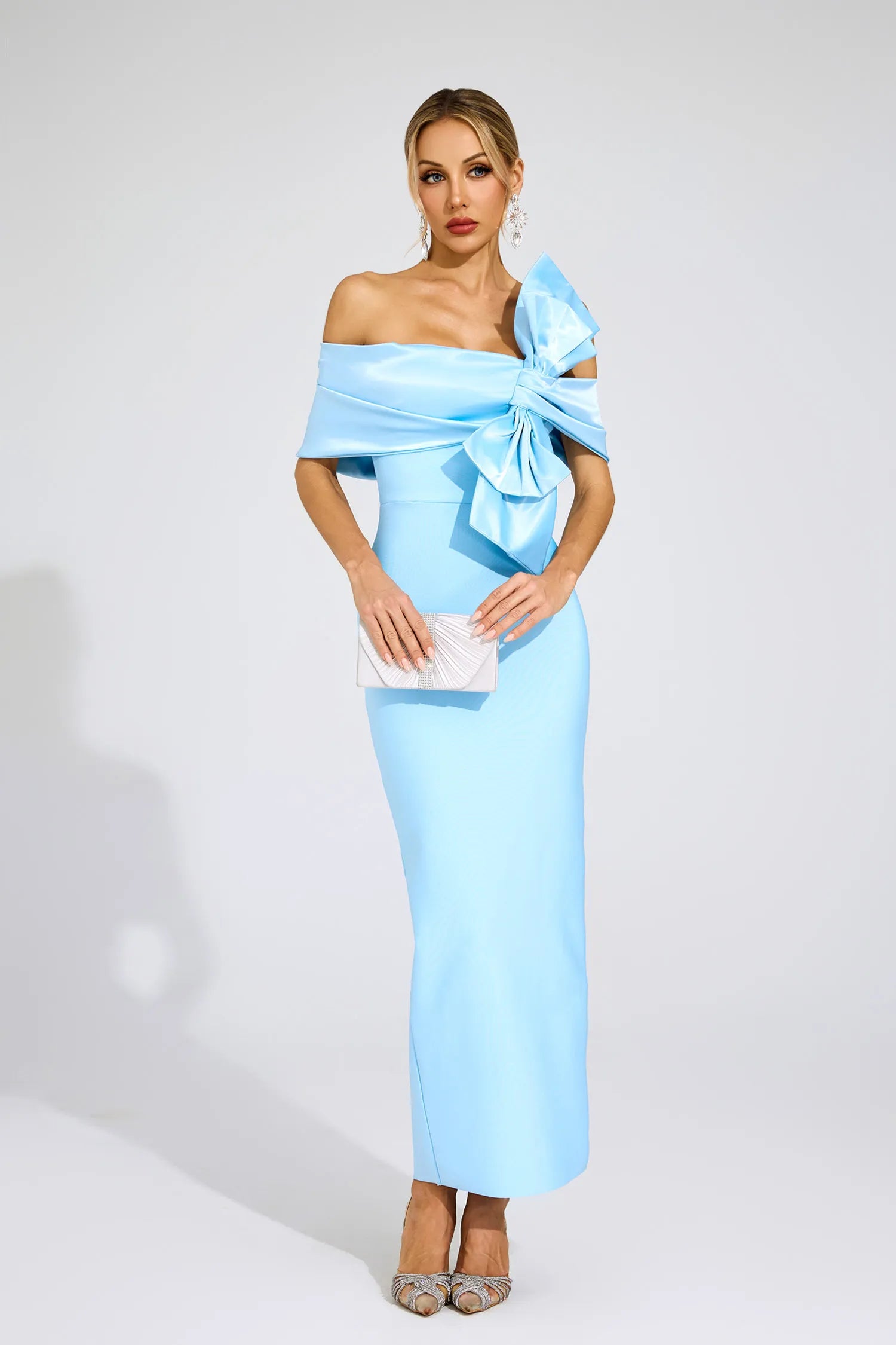 Giverny Blue Bow Tie Bandage Maxi Dress