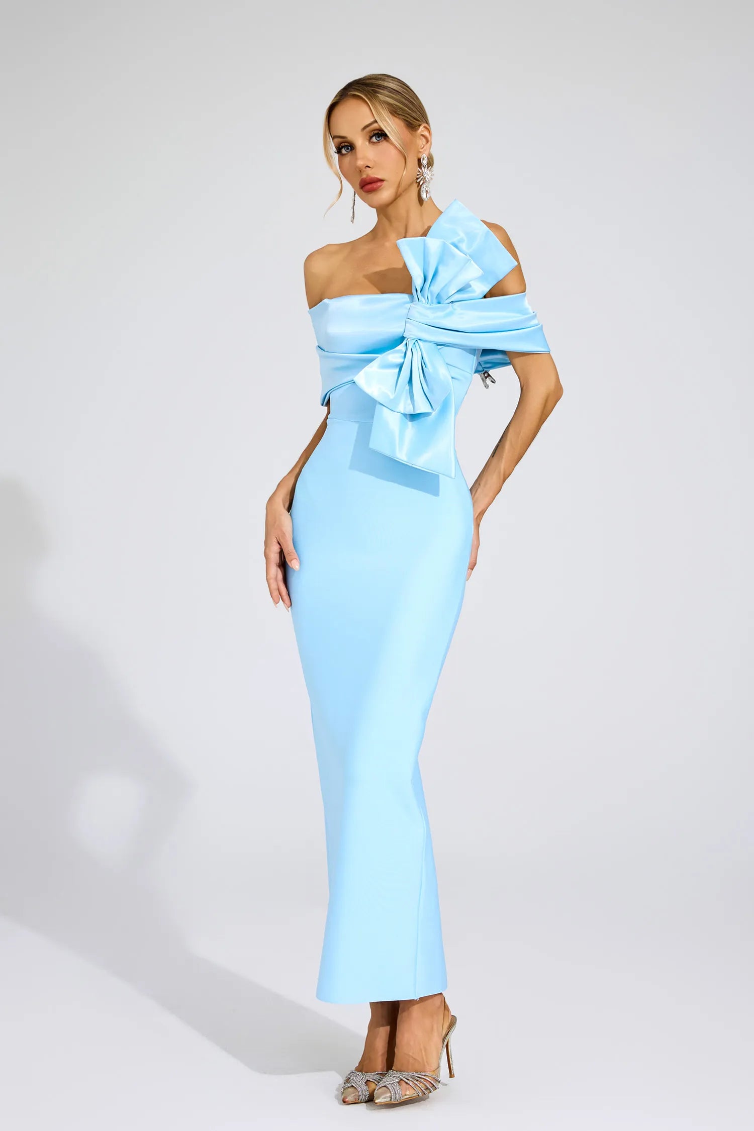 Giverny Blue Bow Tie Bandage Maxi Dress