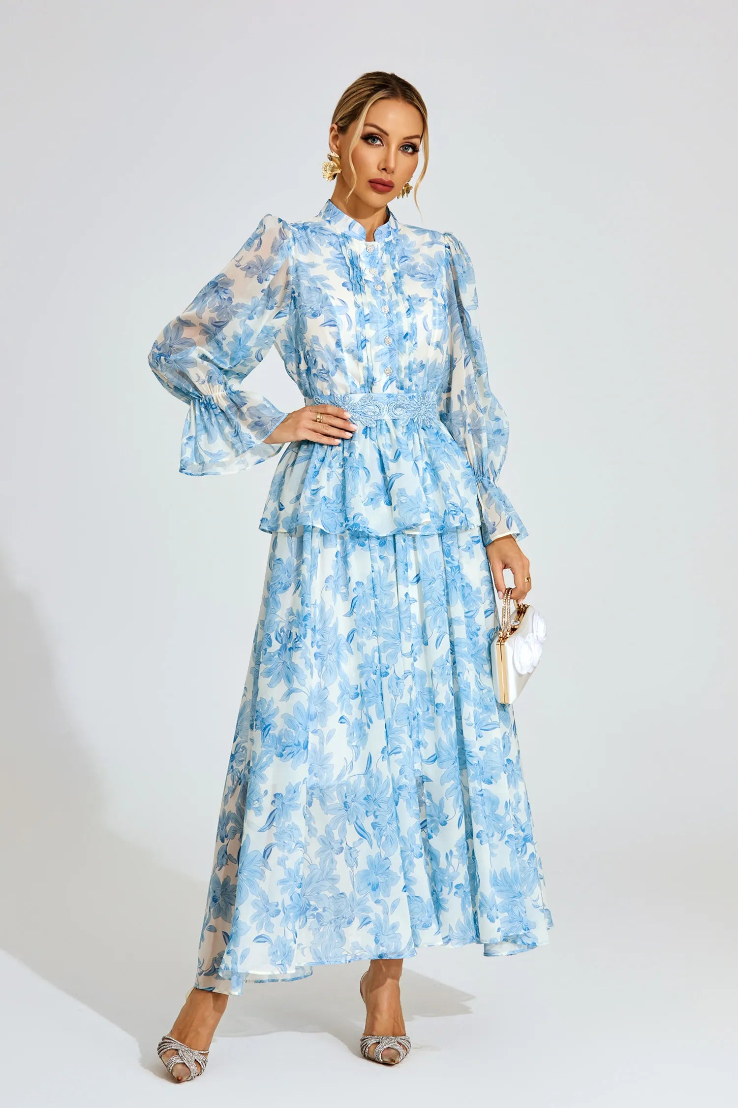 Magnolia Blue Floral Chiffon Maxi Dress