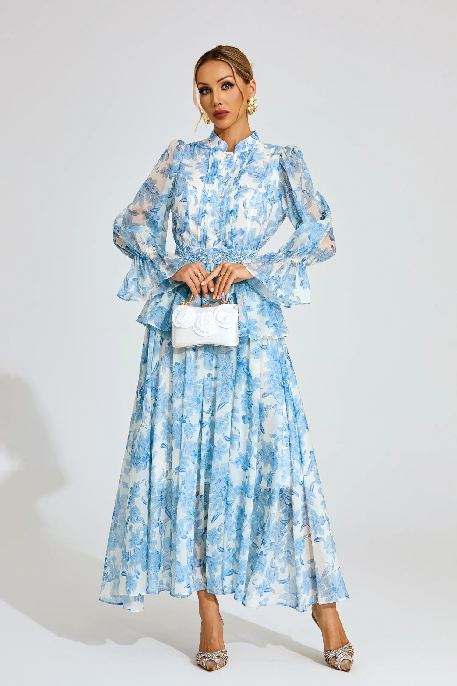Magnolia Blue Floral Chiffon Maxi Dress