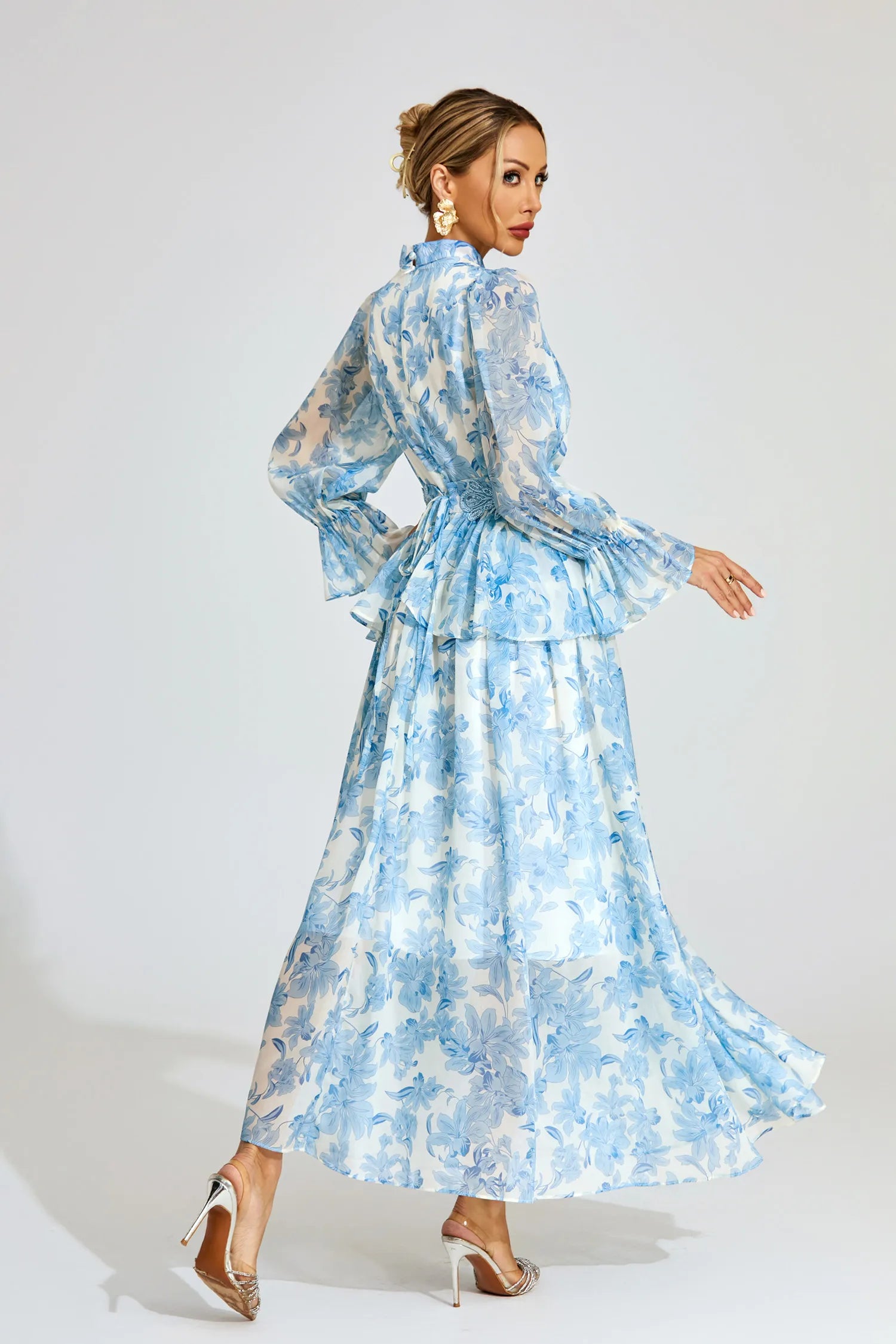 Magnolia Blue Floral Chiffon Maxi Dress