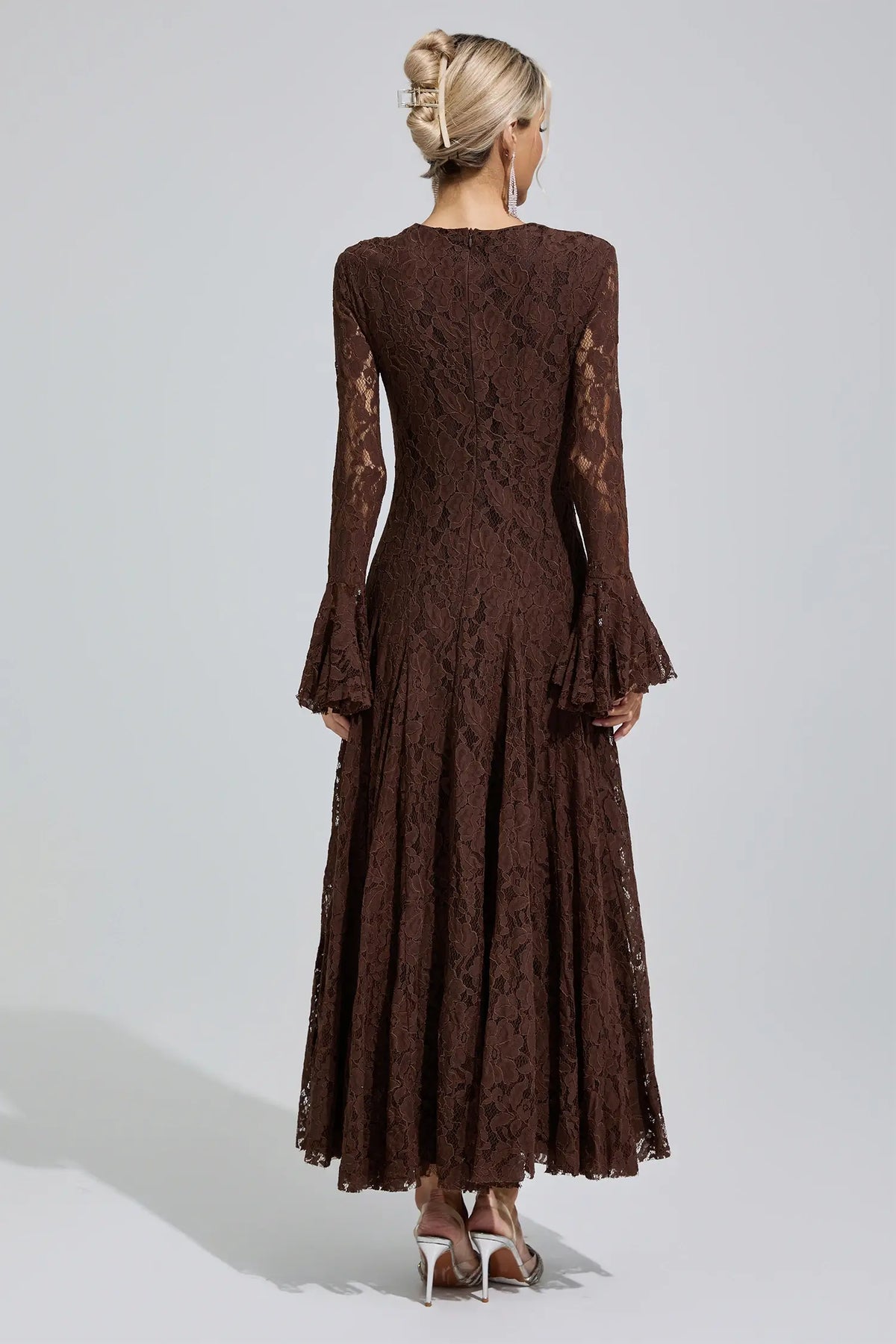 Calliope Brown Bell Sleeve Lace Maxi Dress