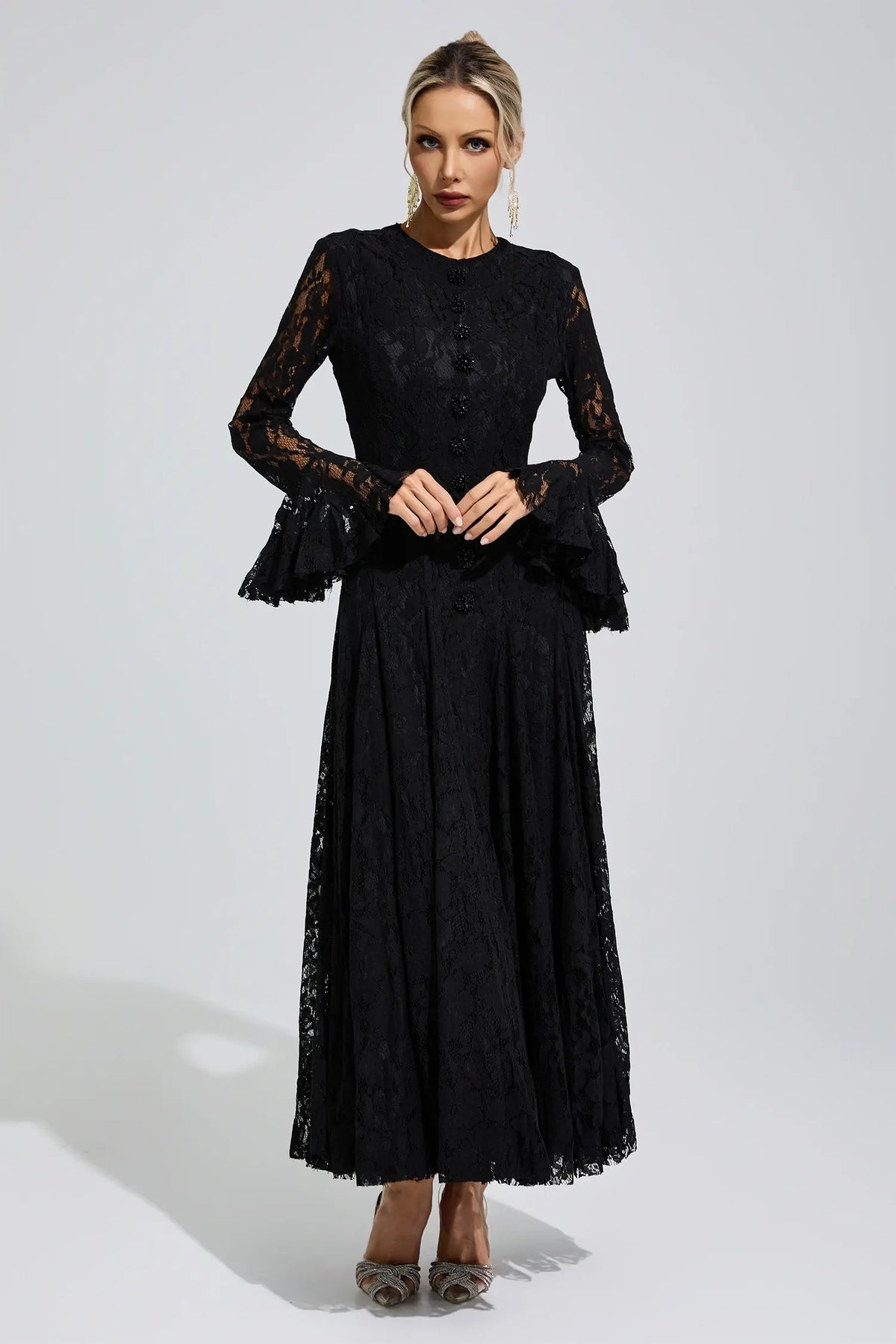 Calliope Black Bell Sleeve Lace Maxi Dress