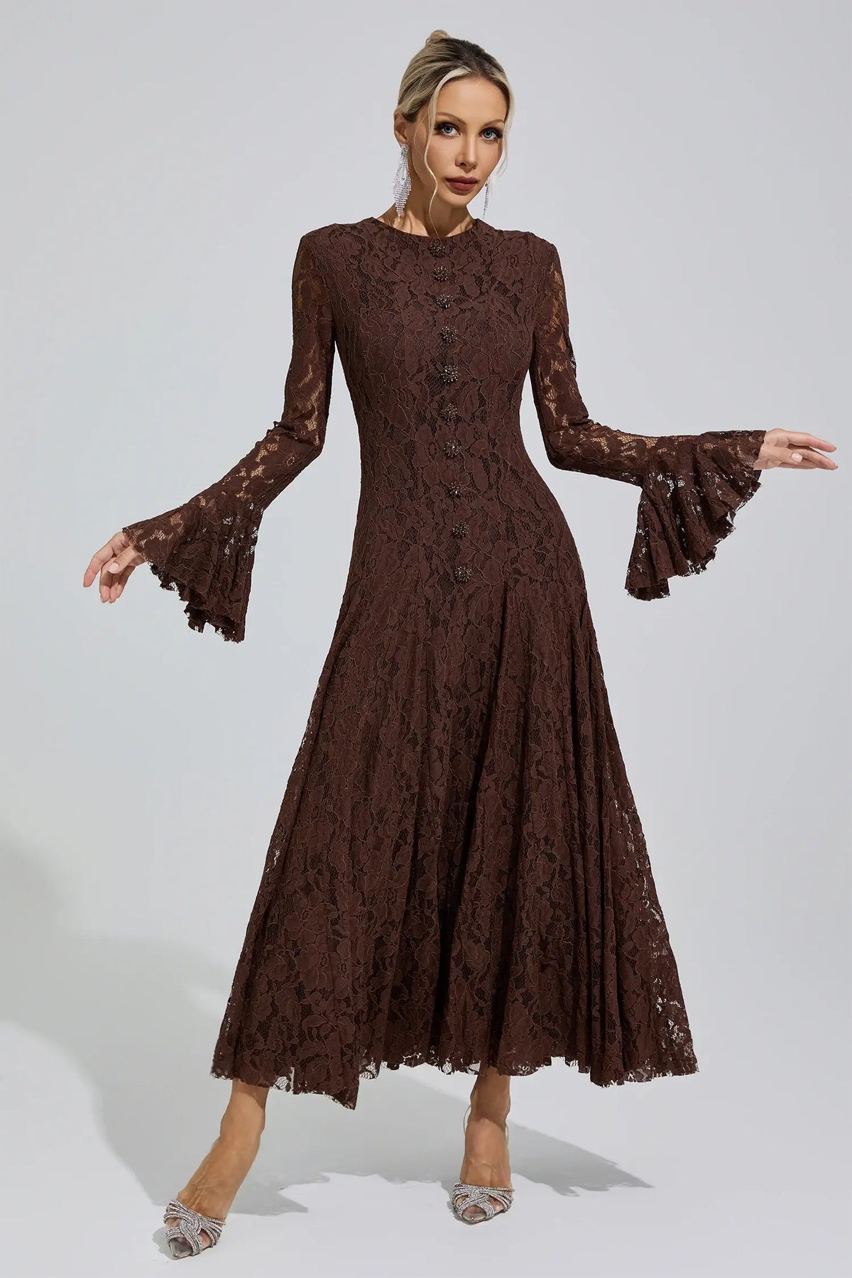 Calliope Brown Bell Sleeve Lace Maxi Dress