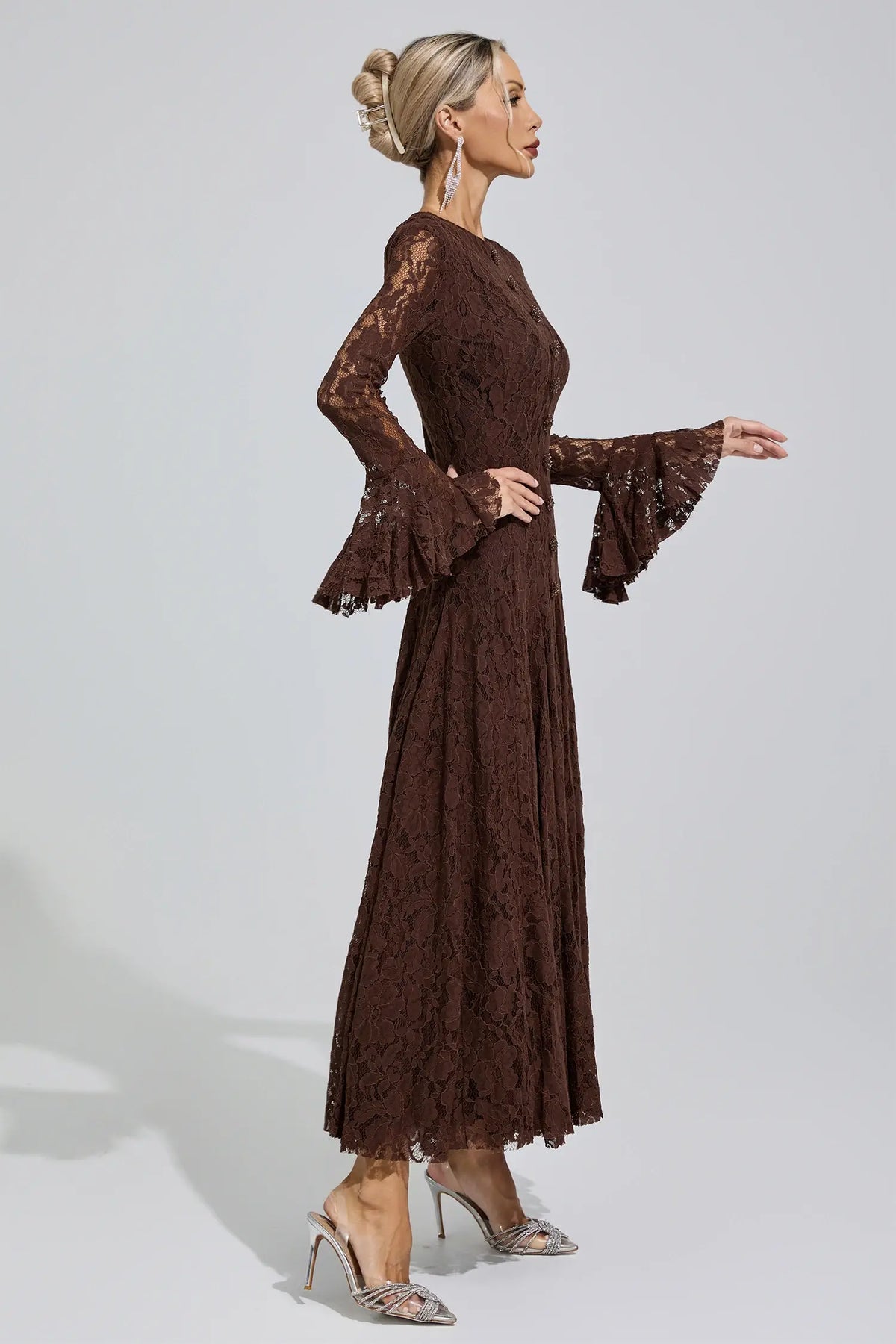 Calliope Brown Bell Sleeve Lace Maxi Dress