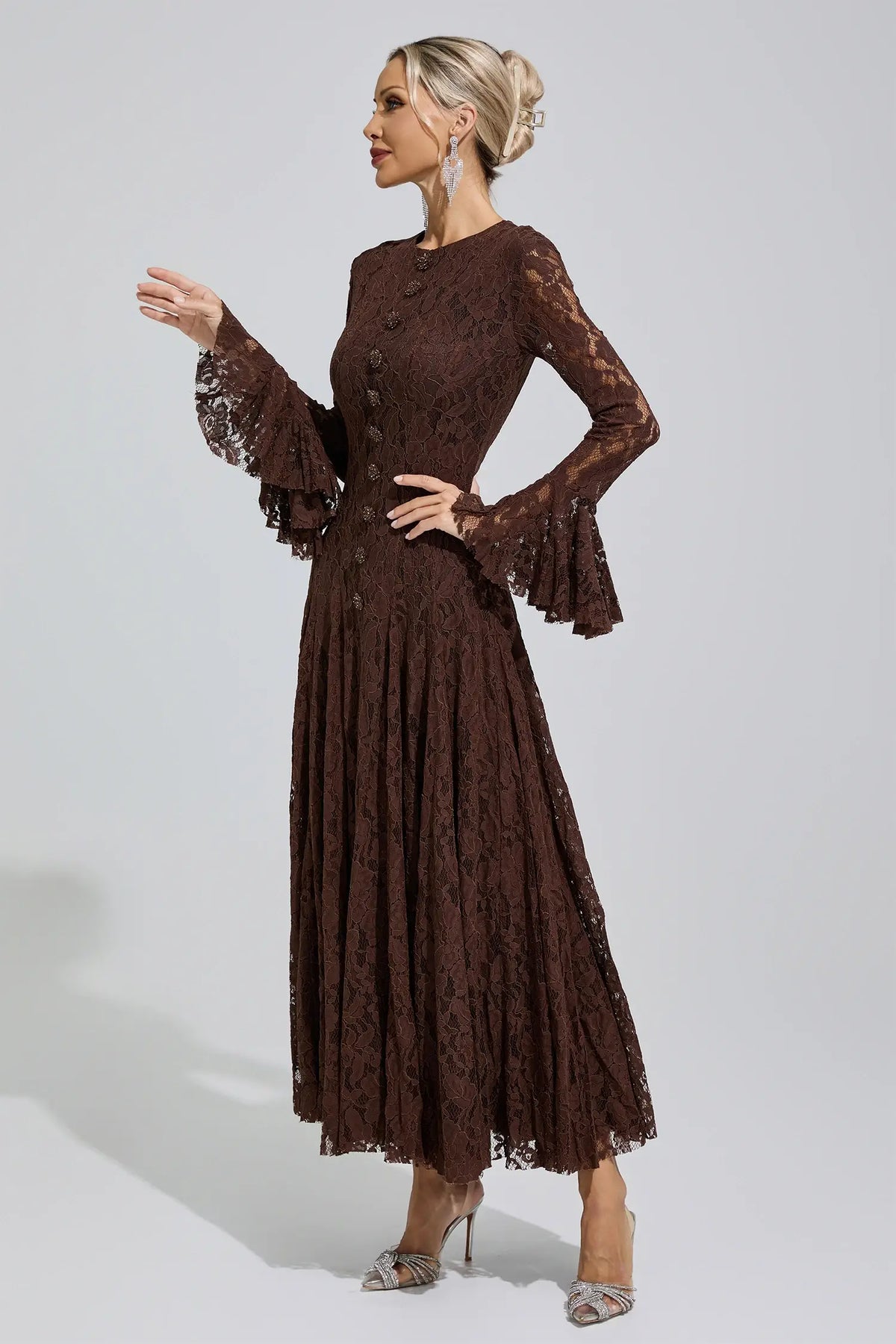Calliope Brown Bell Sleeve Lace Maxi Dress