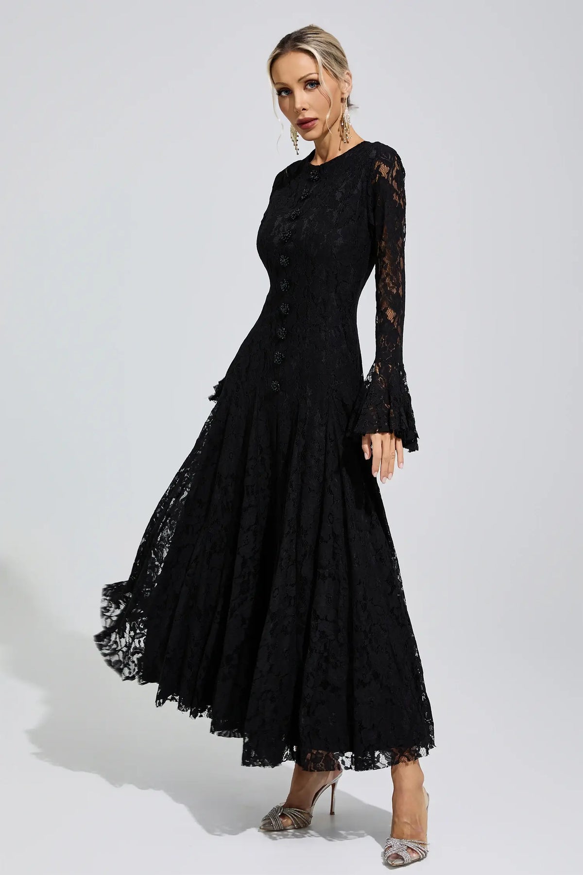Calliope Black Bell Sleeve Lace Maxi Dress