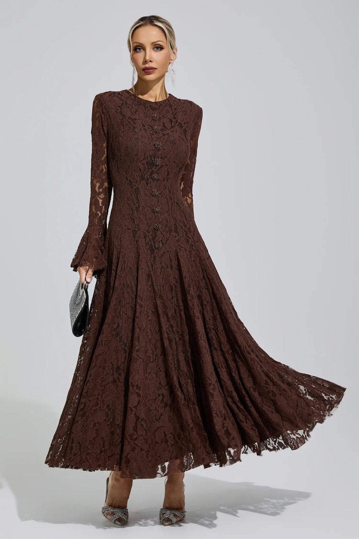 Calliope Brown Bell Sleeve Lace Maxi Dress