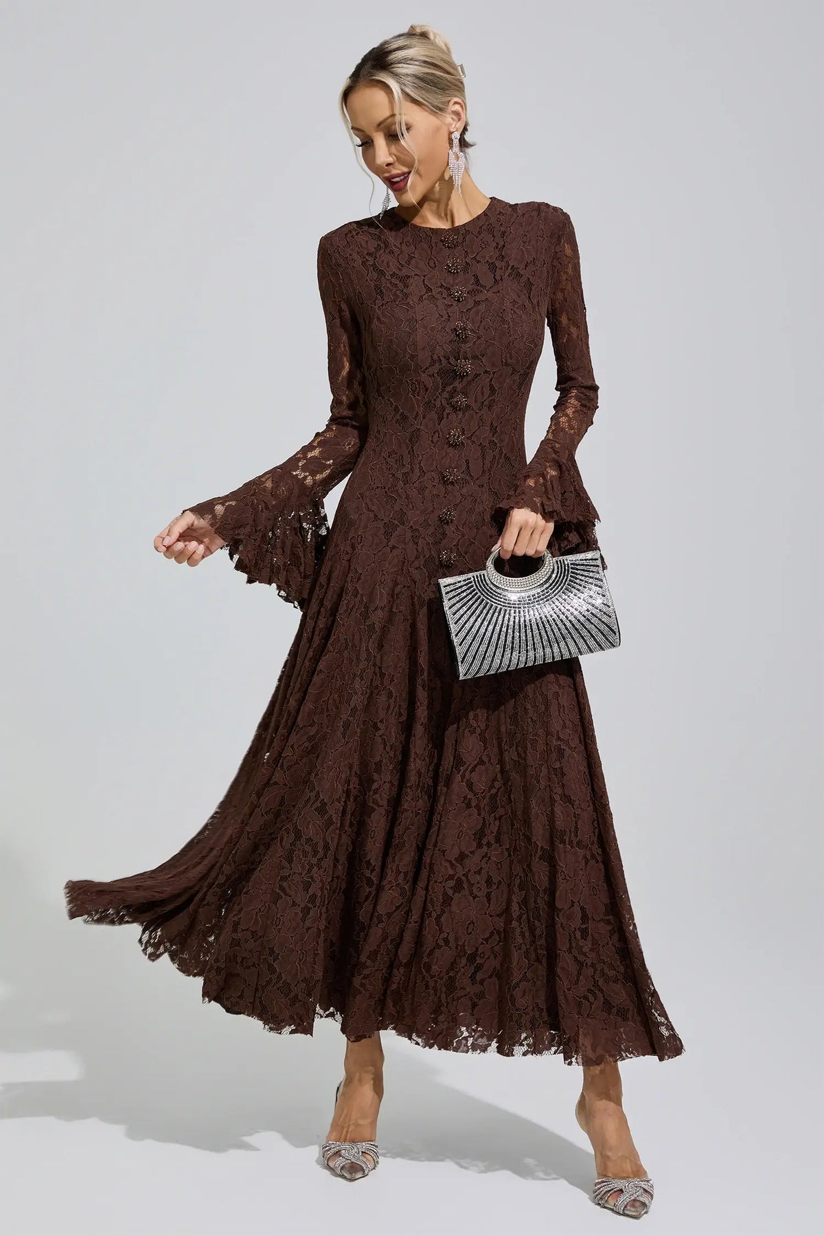 Calliope Brown Bell Sleeve Lace Maxi Dress