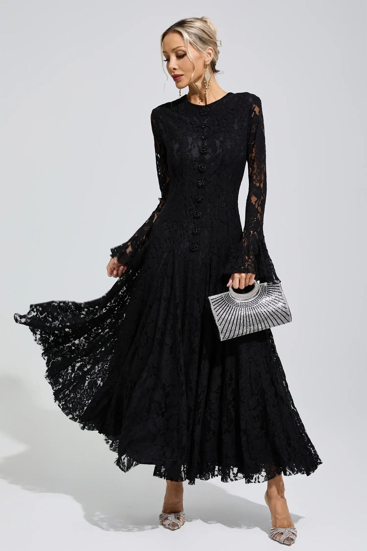 Calliope Black Bell Sleeve Lace Maxi Dress