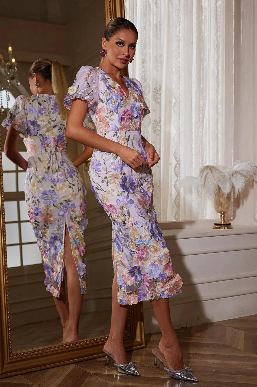 Vivienne Lilac Blossom Mesh Midi Dress