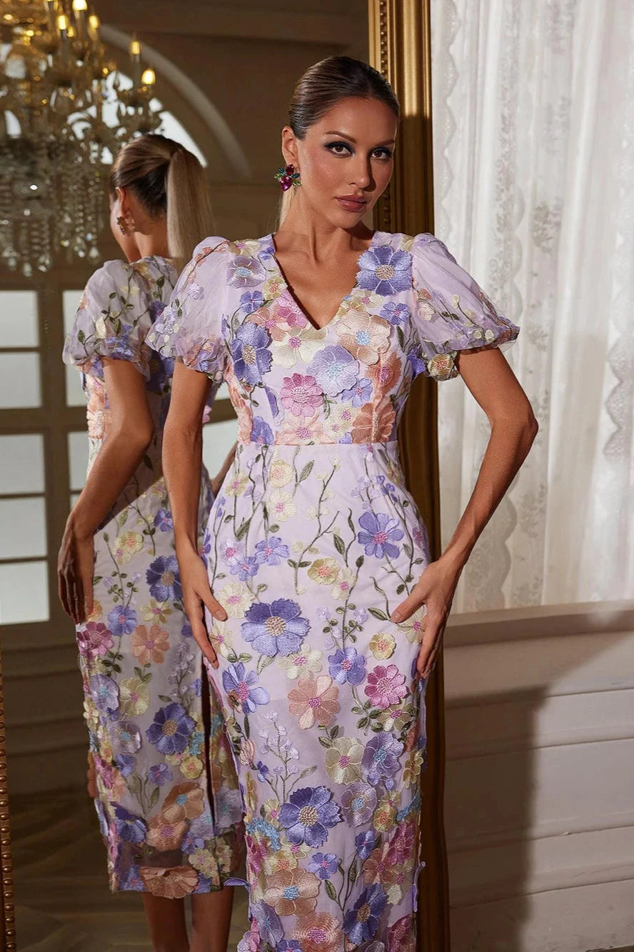 Vivienne Lilac Blossom Mesh Midi Dress