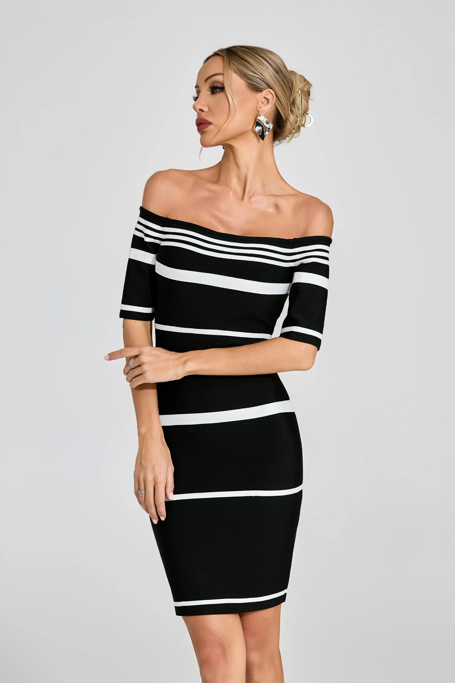 Amanda Black Striped Off Shoulder Mini Dress