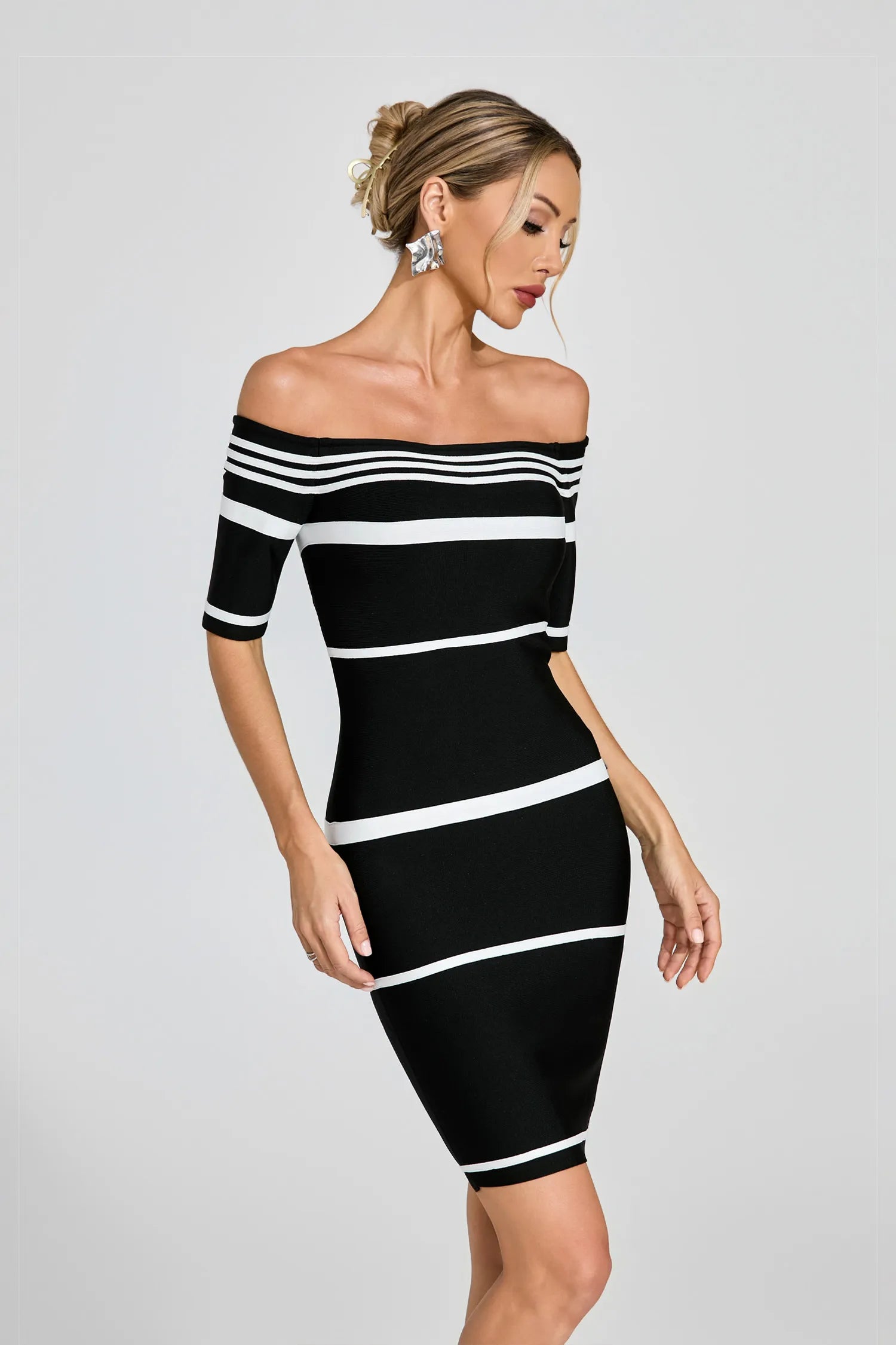 Amanda Black Striped Off Shoulder Mini Dress