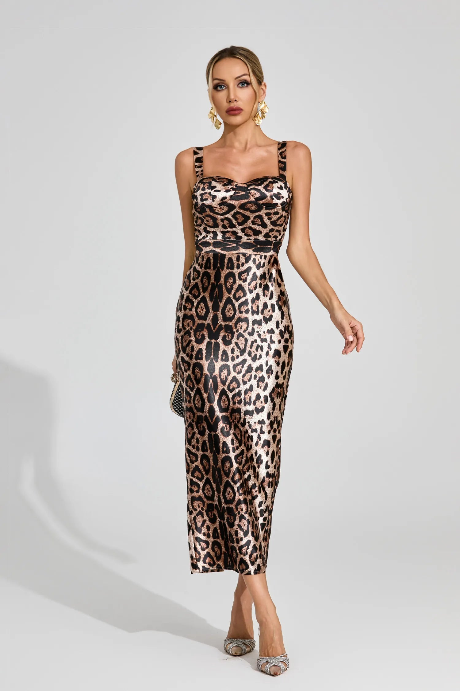Agatha Leopard Print Satin Midi Dress