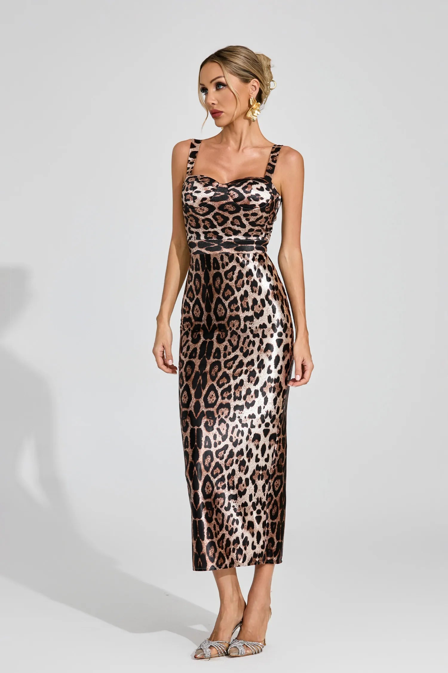 Agatha Leopard Print Satin Midi Dress