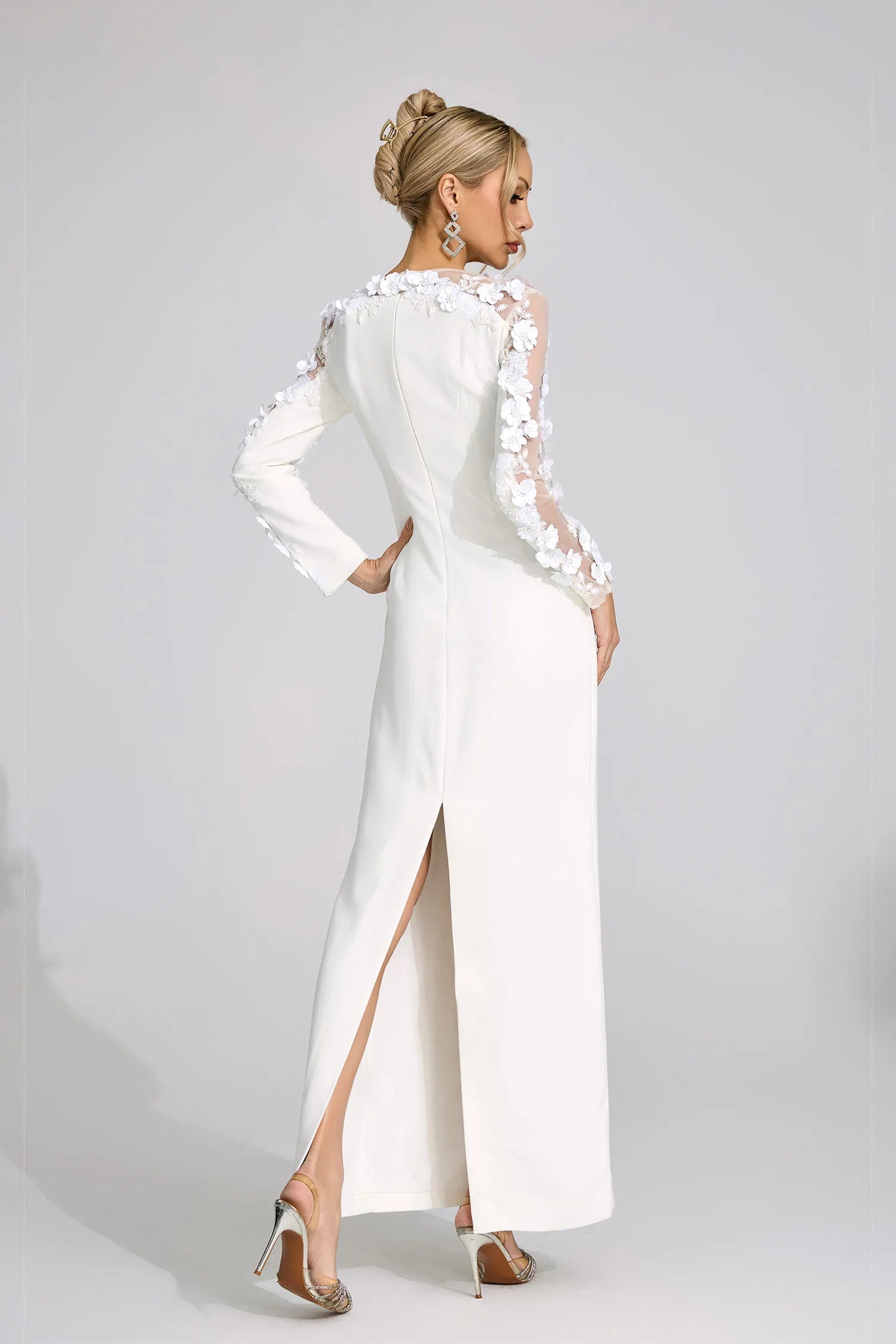 Elixara White 3D Floral Maxi Dress