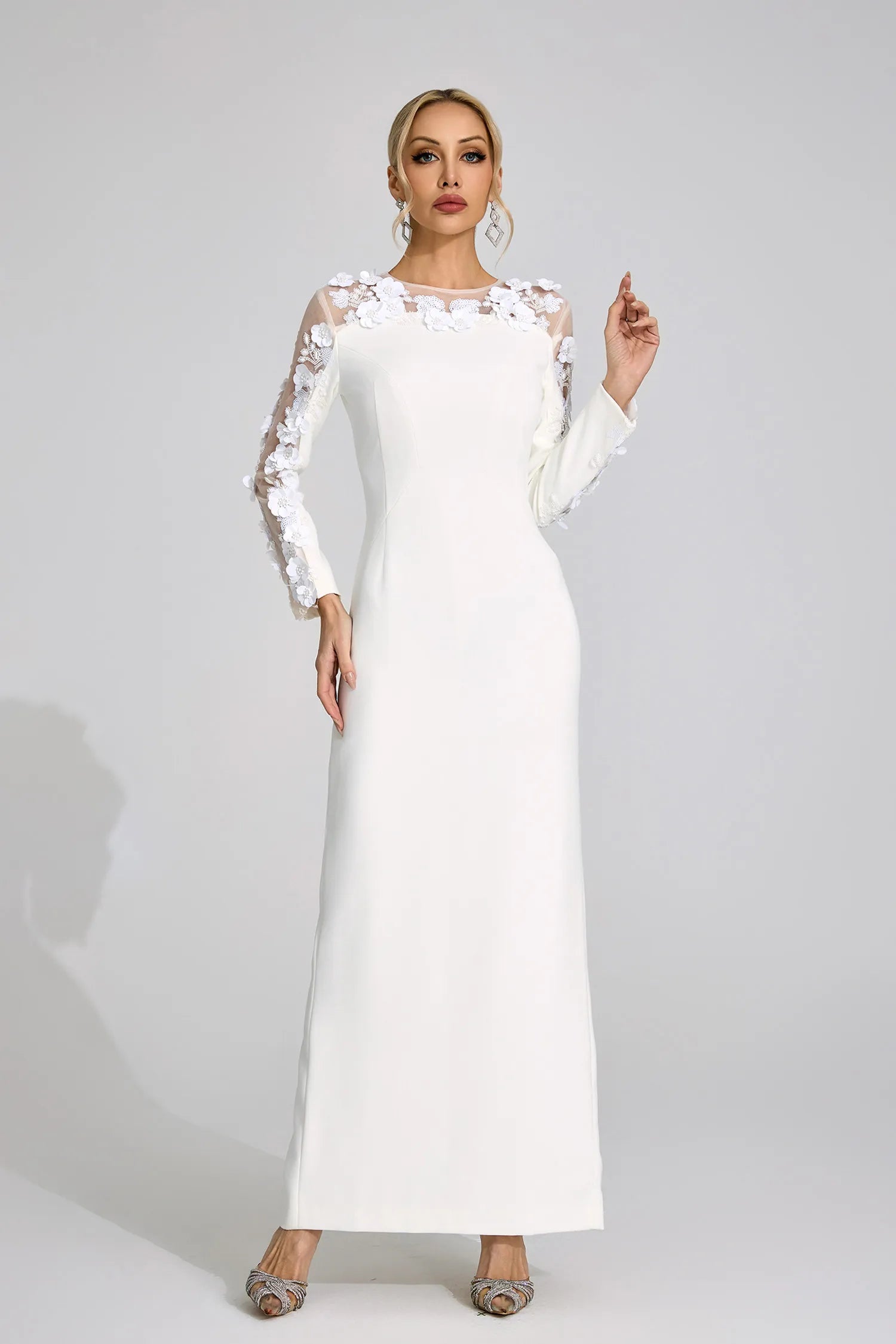 Elixara White 3D Floral Maxi Dress