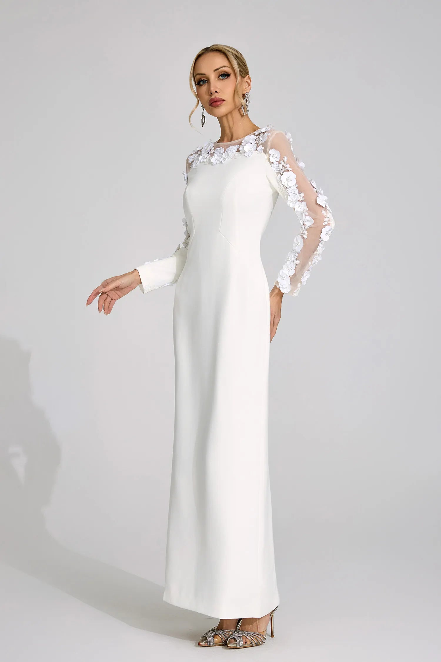 Elixara White 3D Floral Maxi Dress