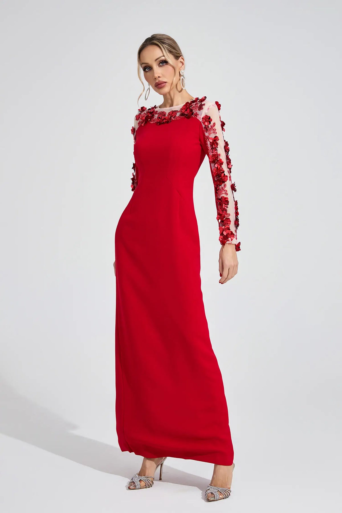 Abigail Red 3D Floral Maxi Dress