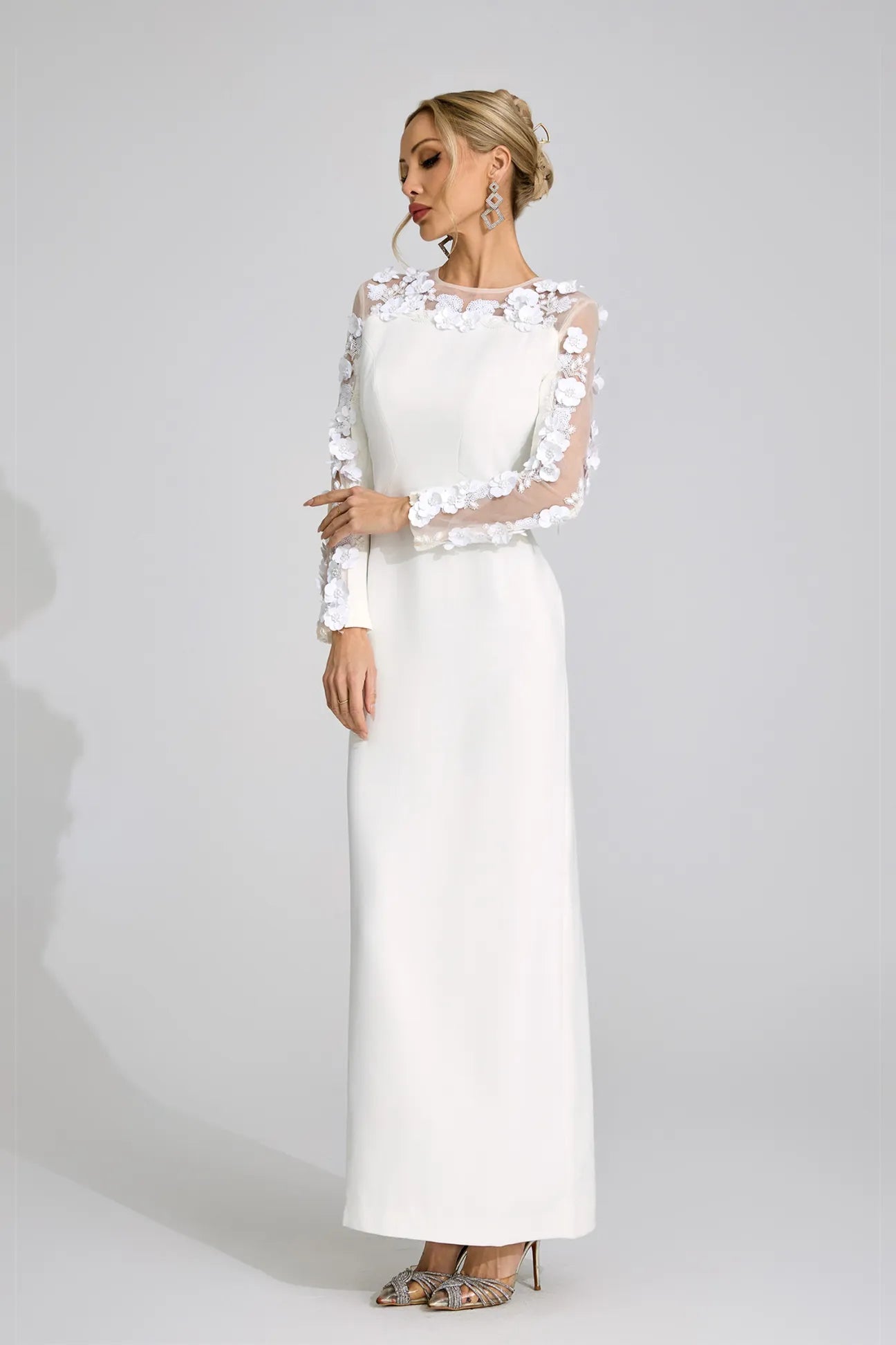 Elixara White 3D Floral Maxi Dress