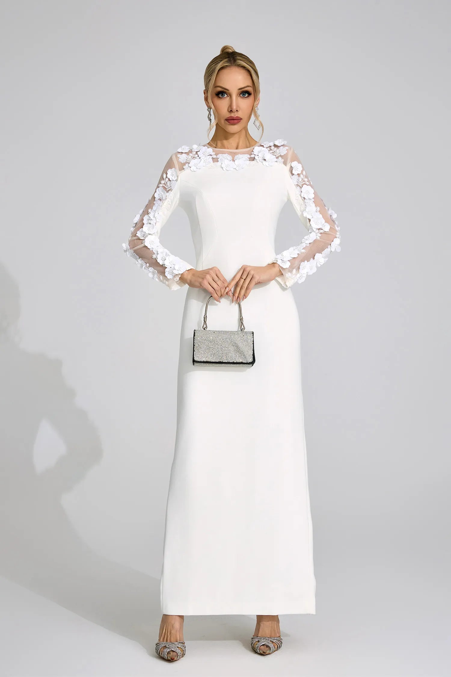 Elixara White 3D Floral Maxi Dress