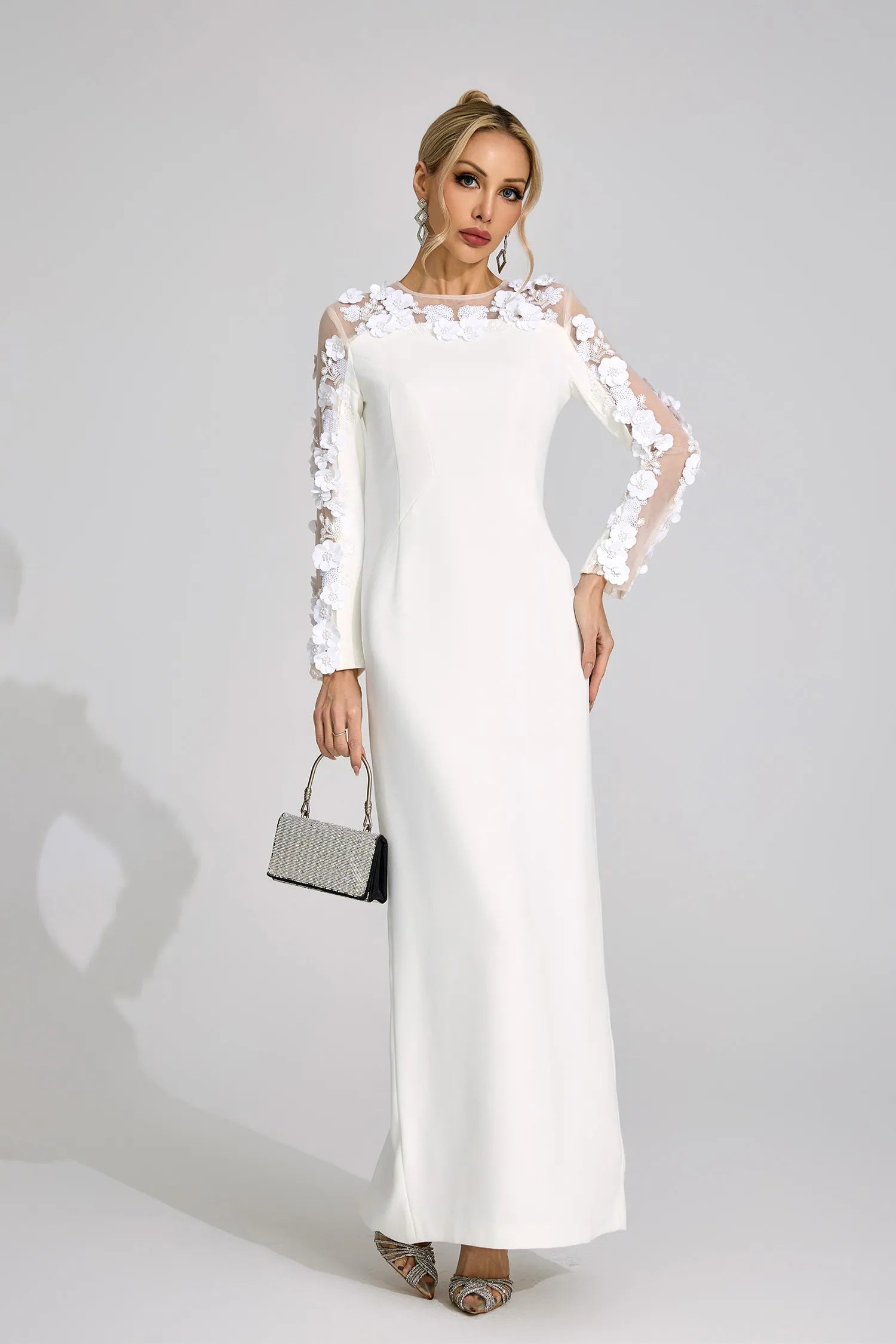 Elixara White 3D Floral Maxi Dress