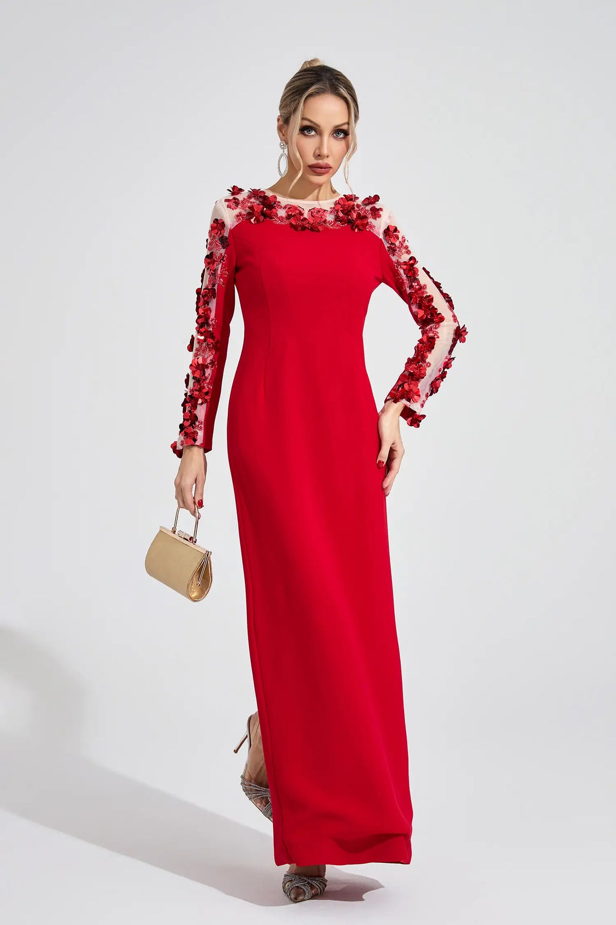 Abigail Red 3D Floral Maxi Dress