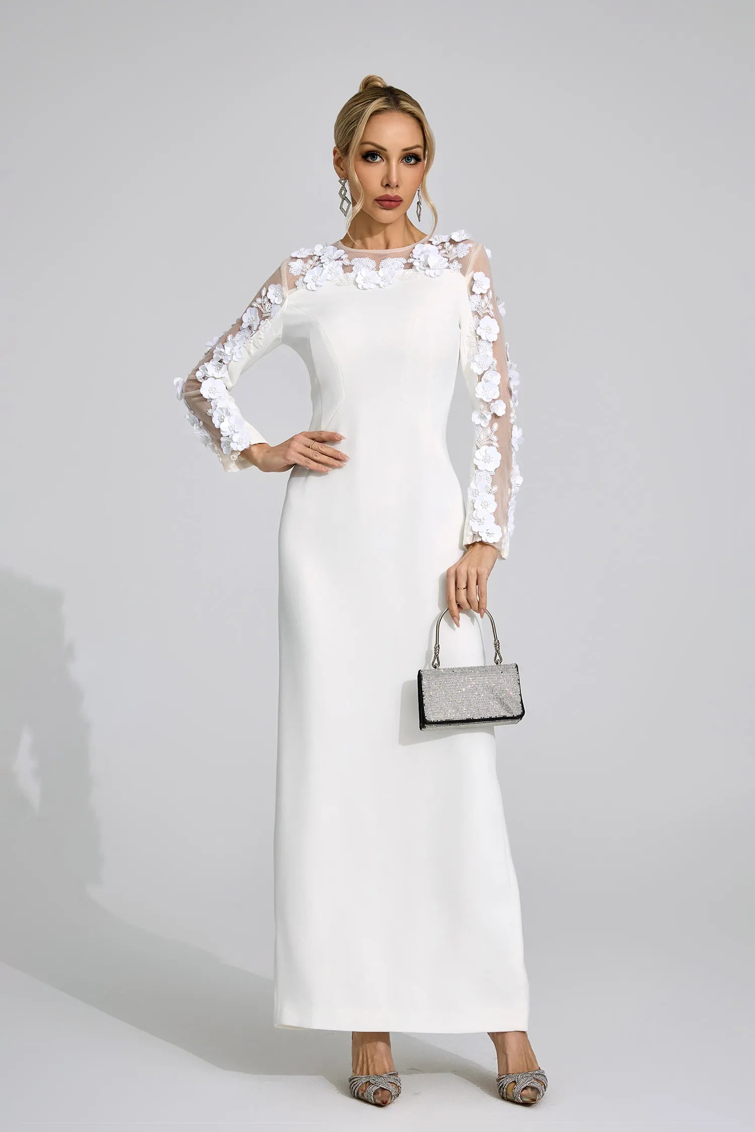 Elixara White 3D Floral Maxi Dress