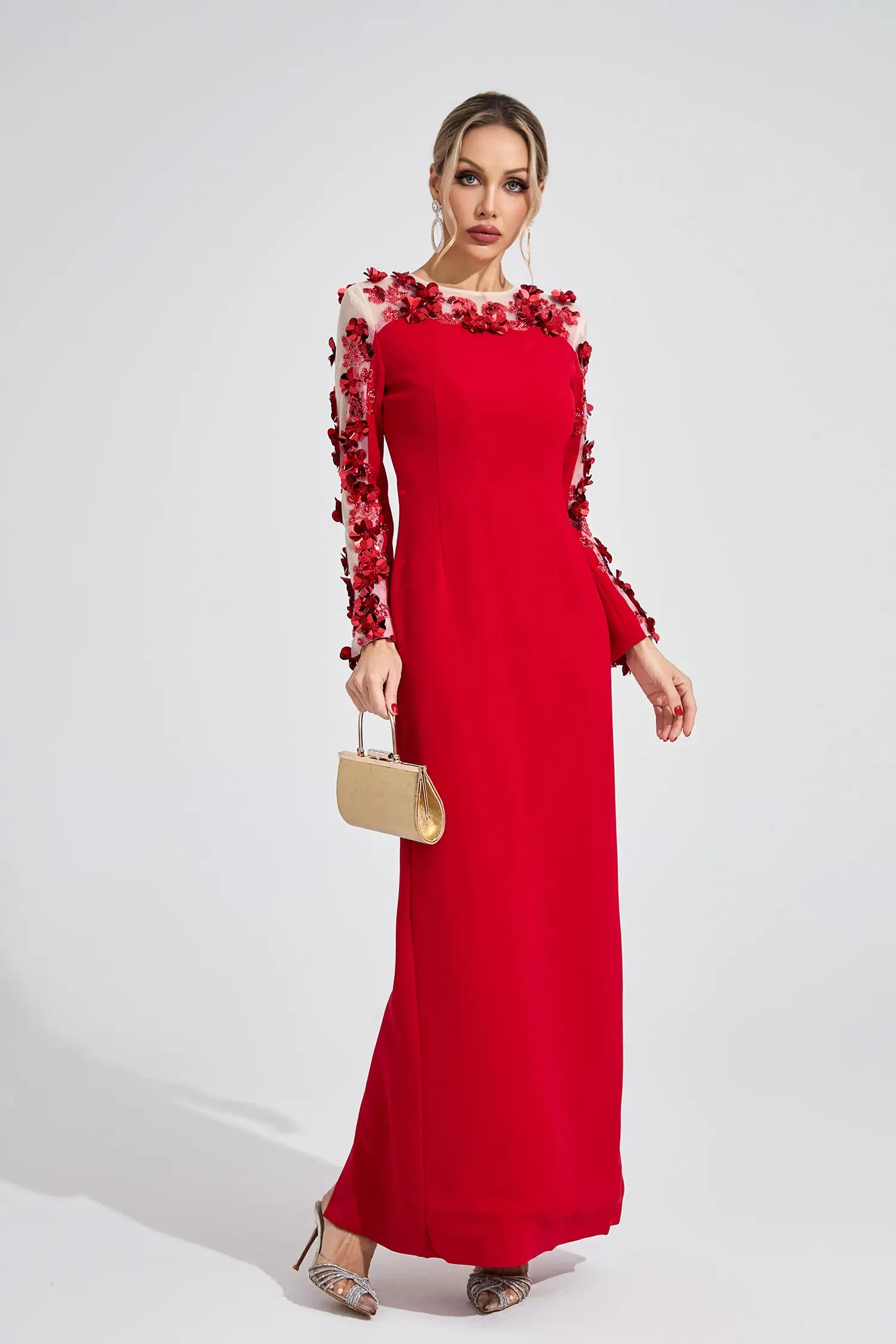 Abigail Red 3D Floral Maxi Dress
