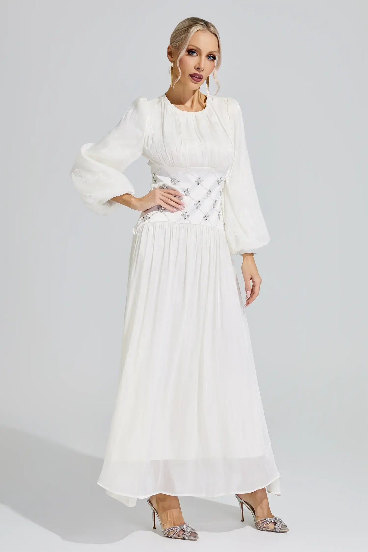 Leocadia White Ruched Waist Maxi Dress