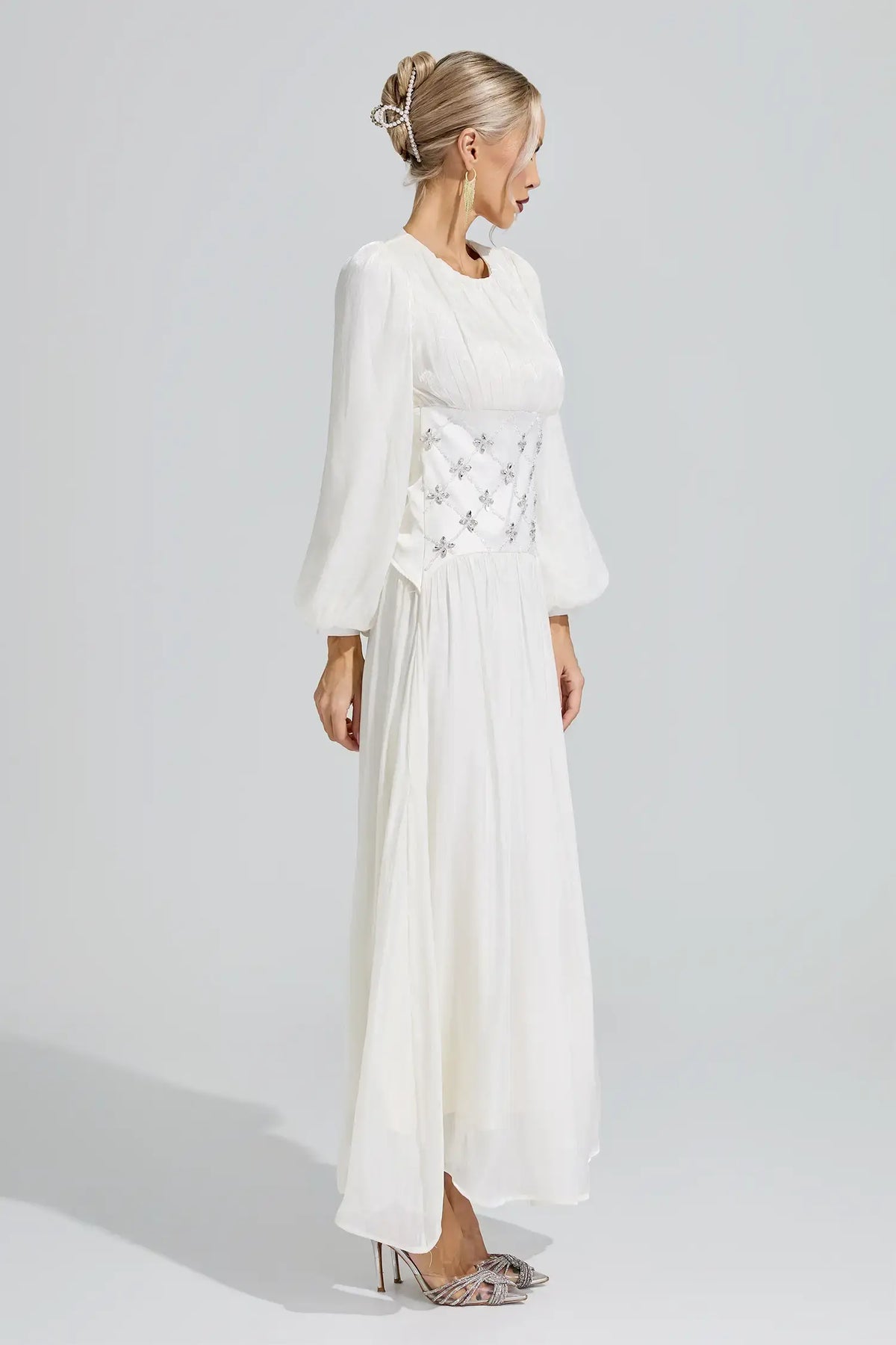 Leocadia White Ruched Waist Maxi Dress