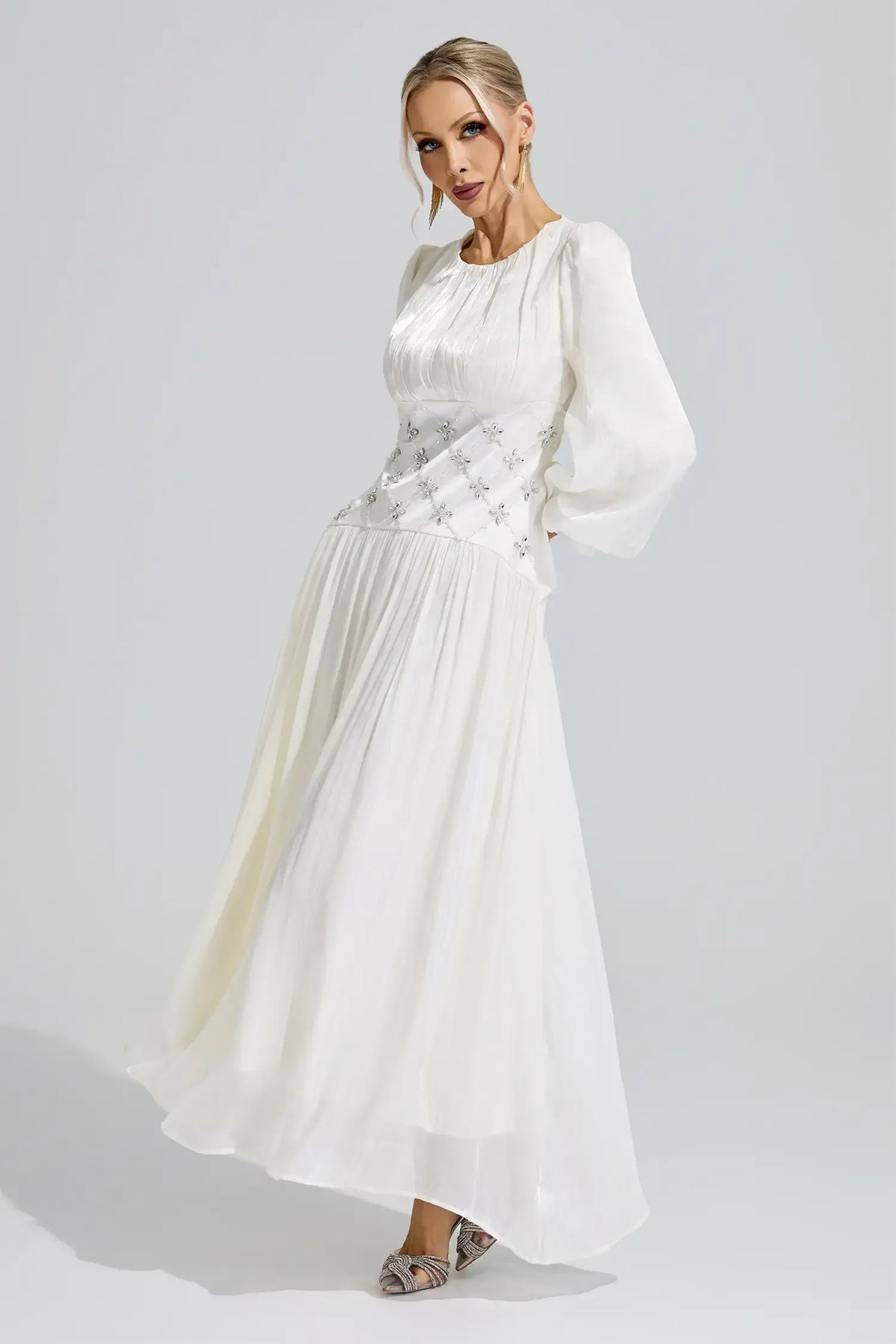 Leocadia White Ruched Waist Maxi Dress
