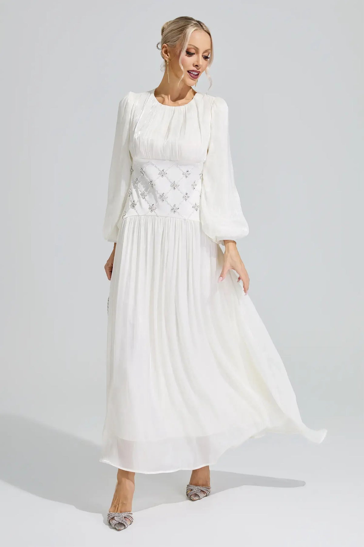 Leocadia White Ruched Waist Maxi Dress