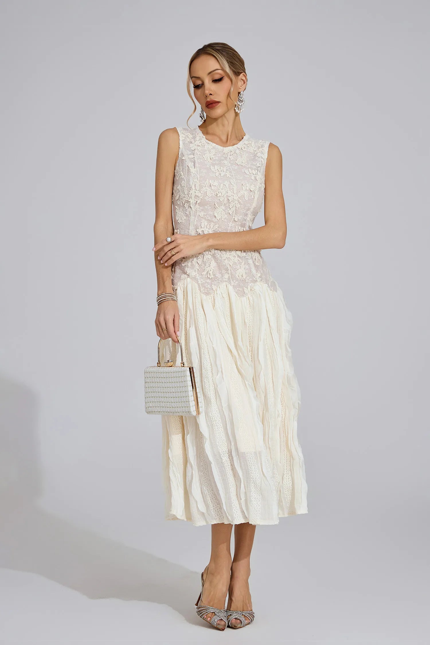 Lunoria Ivory White Patterned Maxi Dress