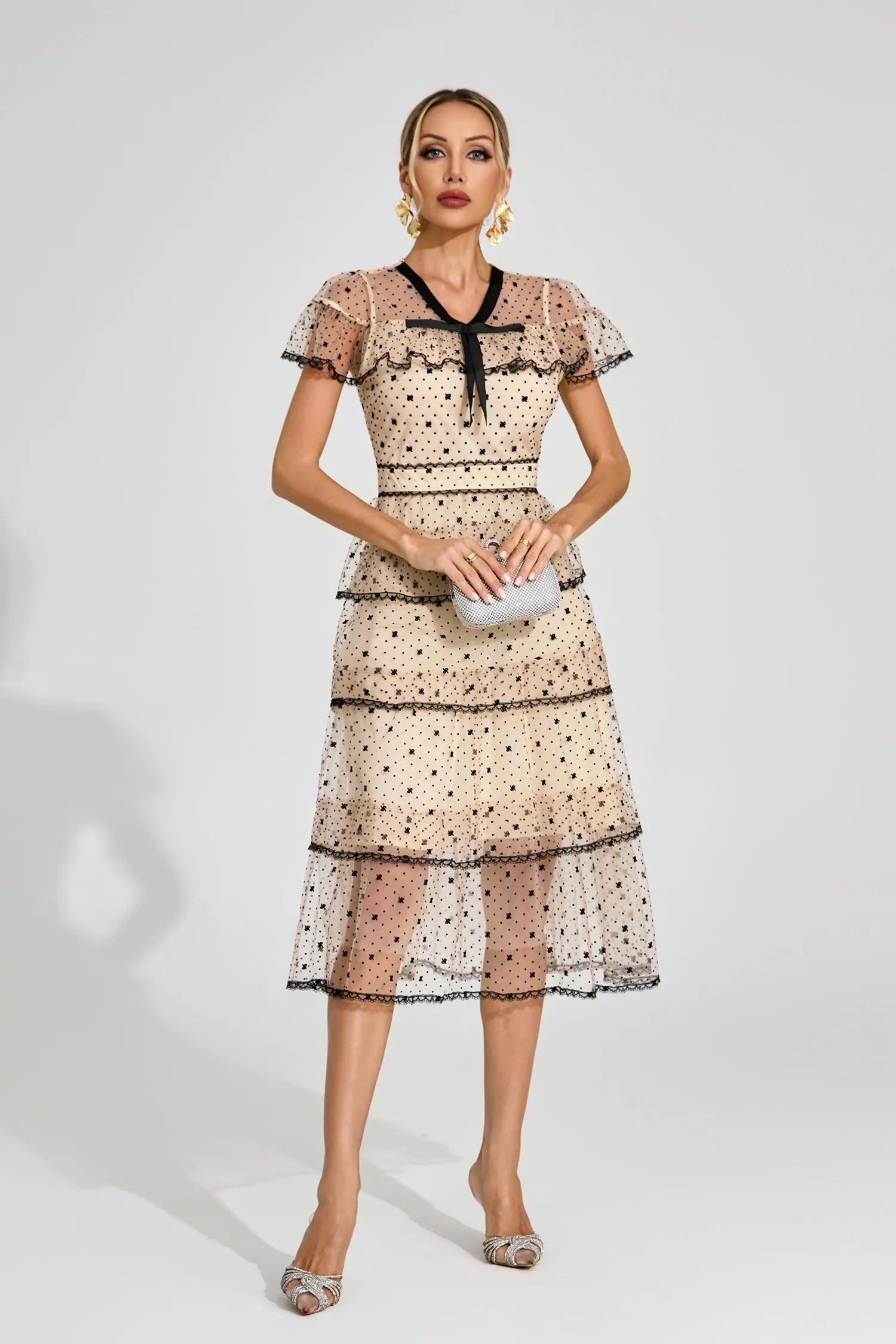Phoebe Apricot Polka Dot Tulle Midi Dress
