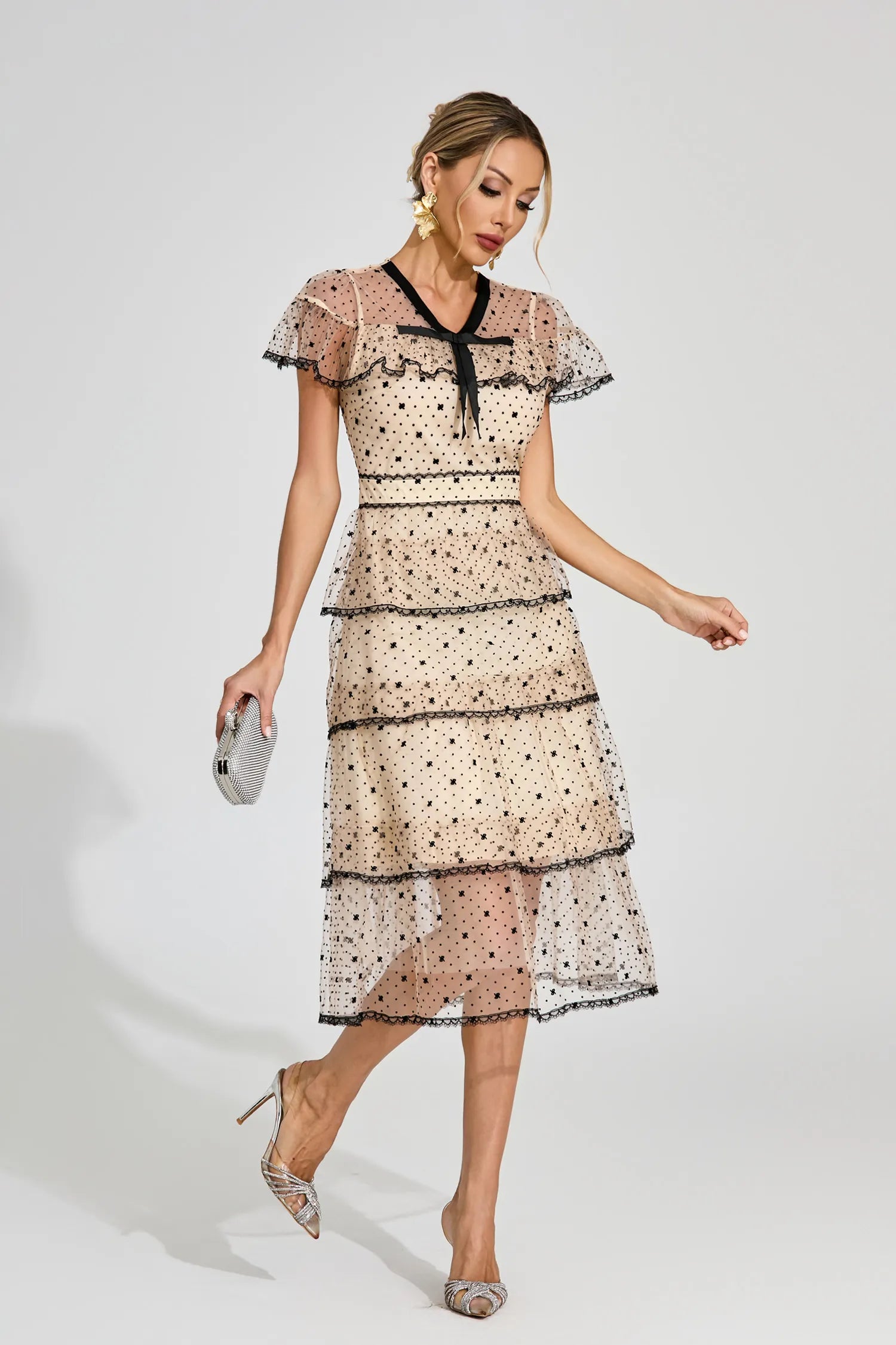 Phoebe Apricot Polka Dot Tulle Midi Dress