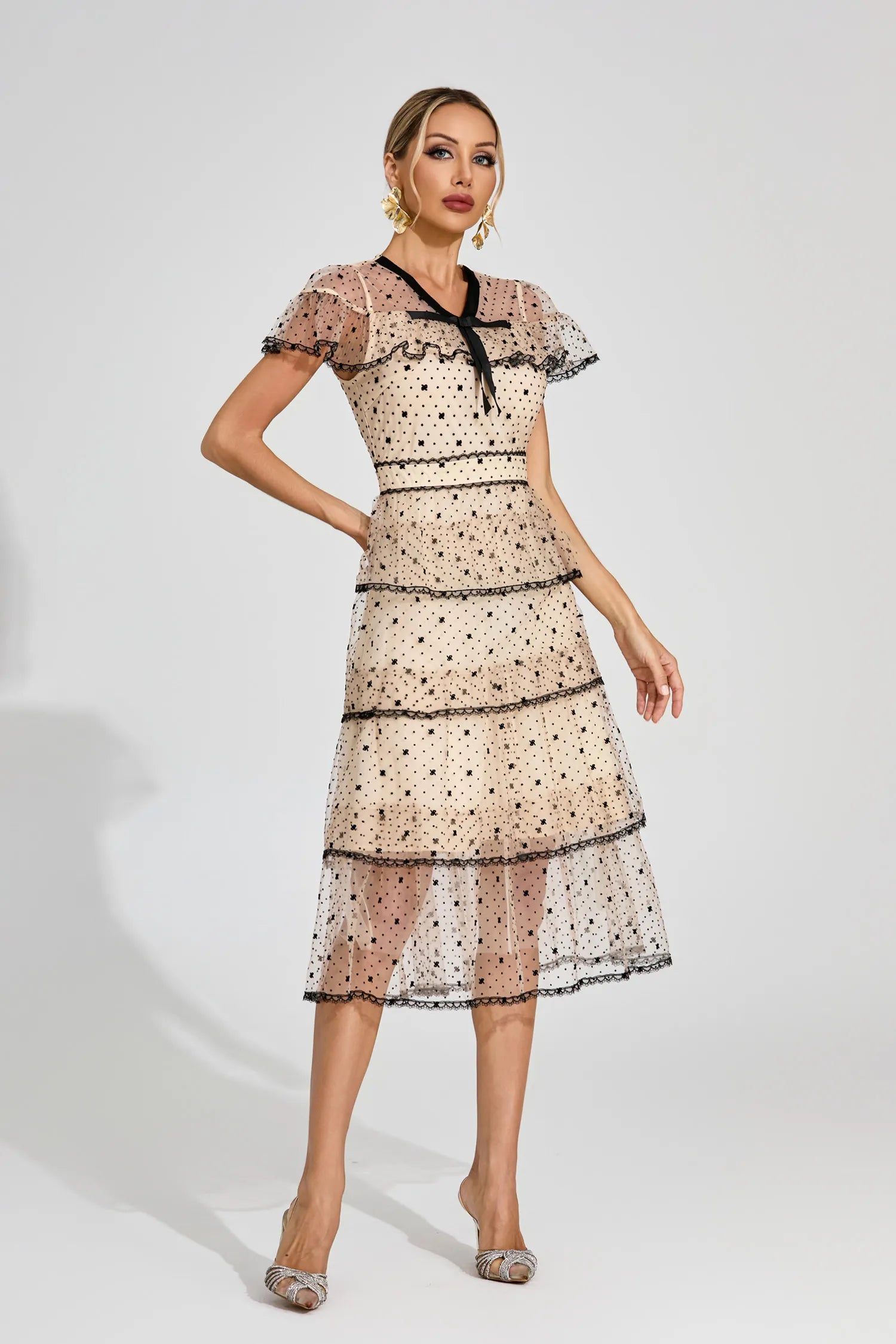 Phoebe Apricot Polka Dot Tulle Midi Dress