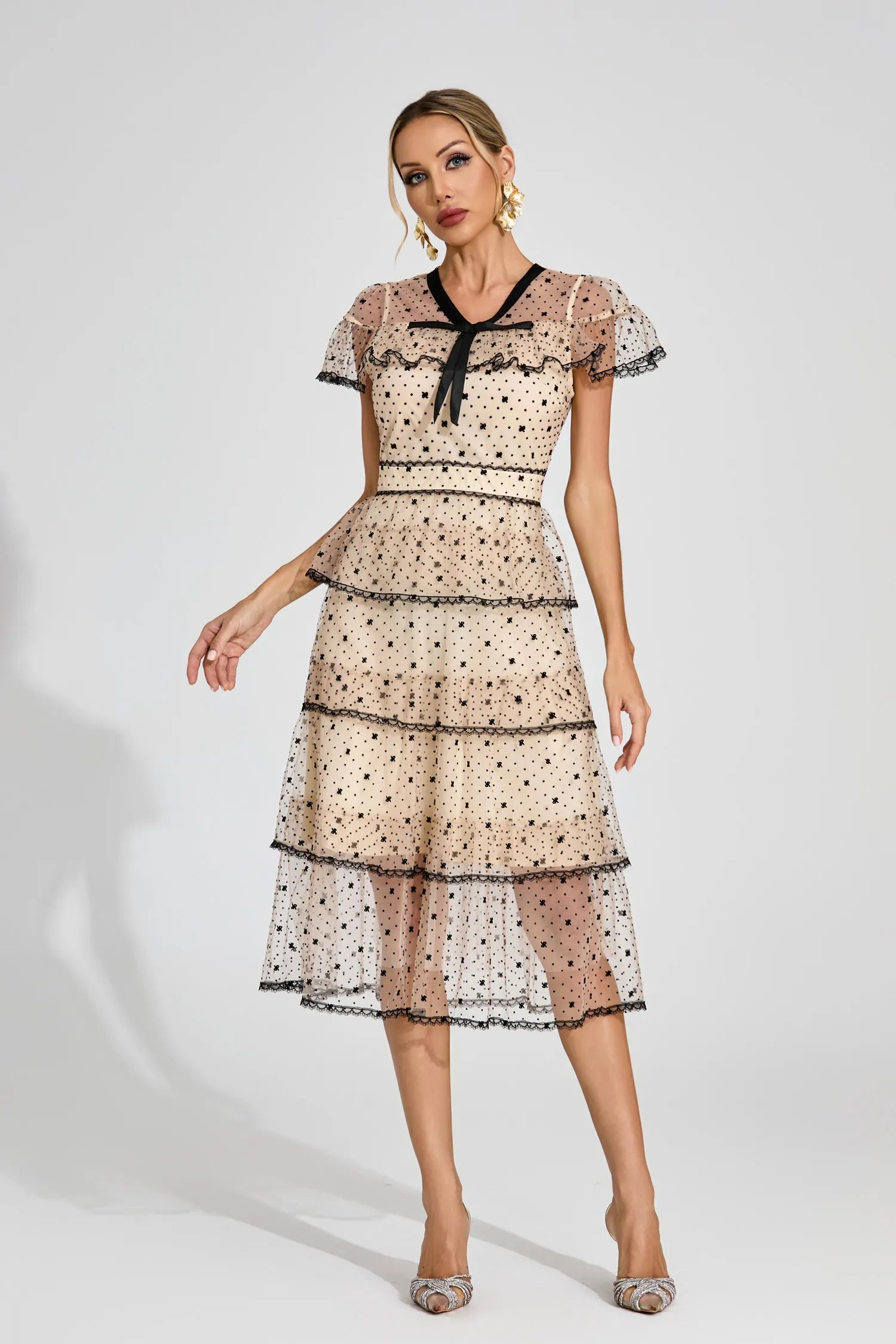 Phoebe Apricot Polka Dot Tulle Midi Dress